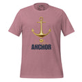 The Naughty Angler™ heather orchid unisex T-shirt featuring the “I’m His Anchor” front design with a nautical anchor illustration and romantic coastal wording.