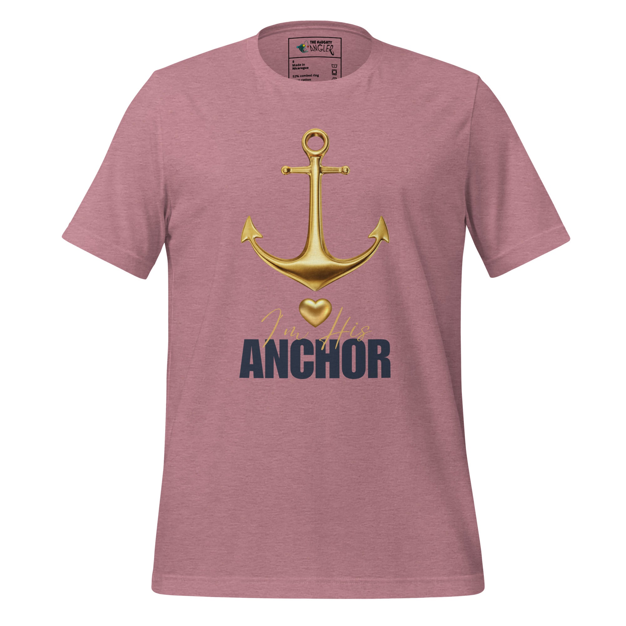 The Naughty Angler™ heather orchid unisex T-shirt featuring the “I’m His Anchor” front design with a nautical anchor illustration and romantic coastal wording.