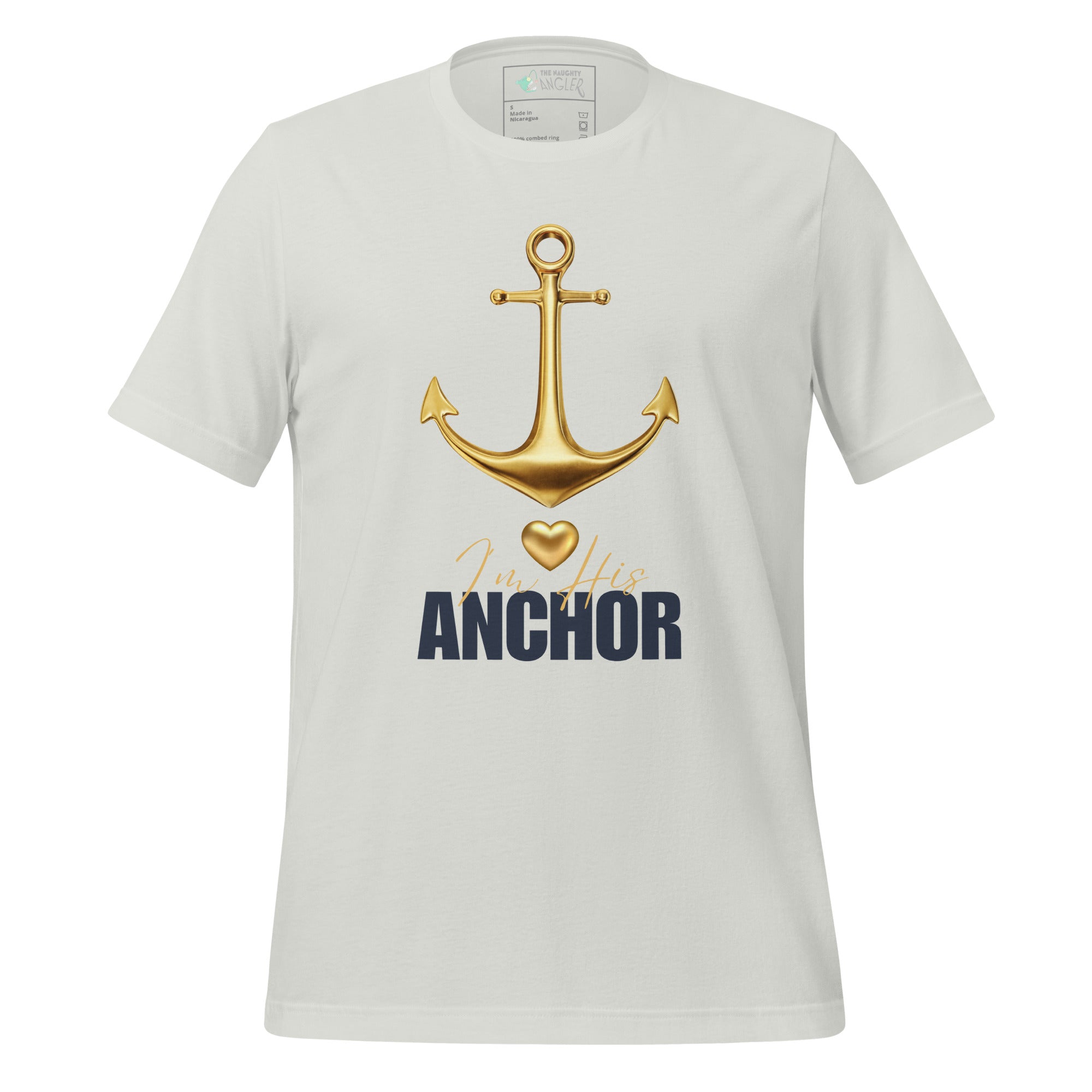 The Naughty Angler™ silver unisex T-shirt featuring the “I’m His Anchor” design with a detailed anchor image and timeless boating-inspired wording.