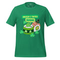 The Naughty Angler™ kelly green unisex T-shirt featuring the “Irish I Was Sushi” front design with a funny cartoon sushi illustration and St. Patrick’s Day–themed nautical humor.