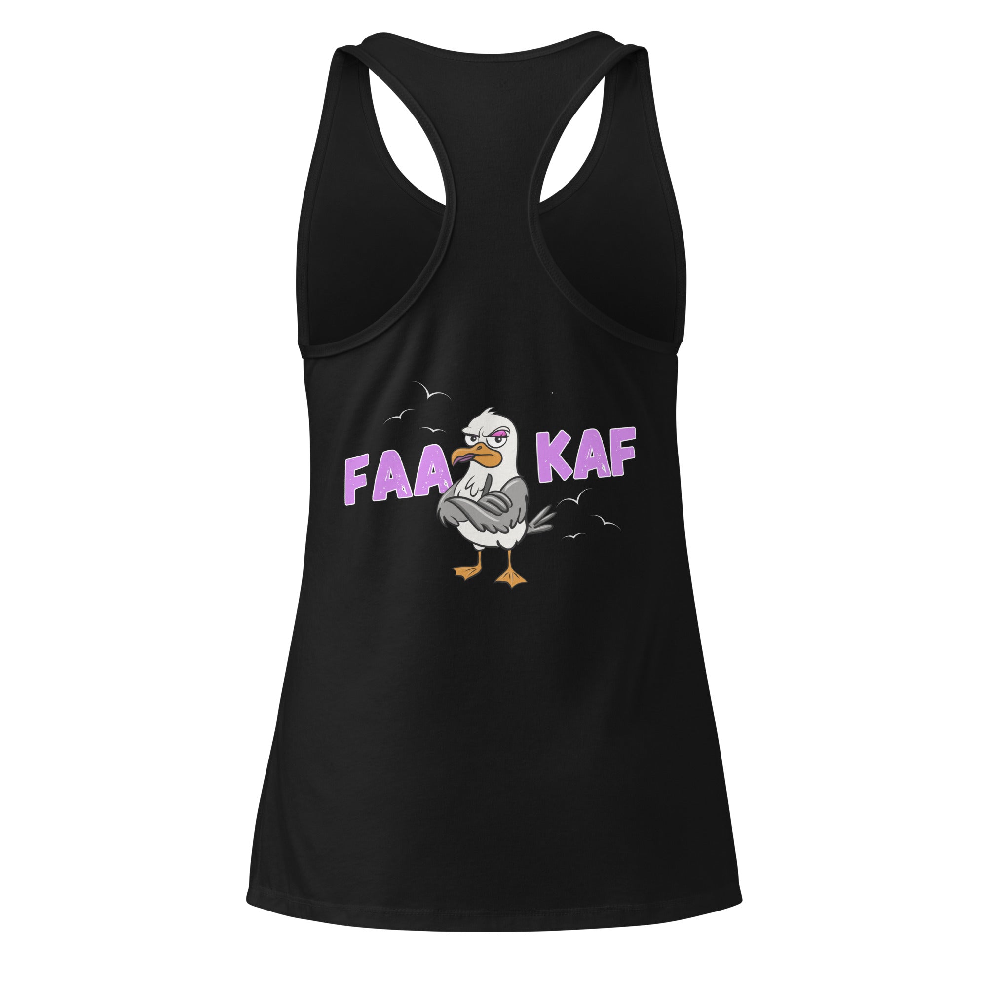 Back view of women’s black fitted racerback tank top with cartoon seagull flipping the bird and the wording “FAAKAF” by The Naughty Angler™
