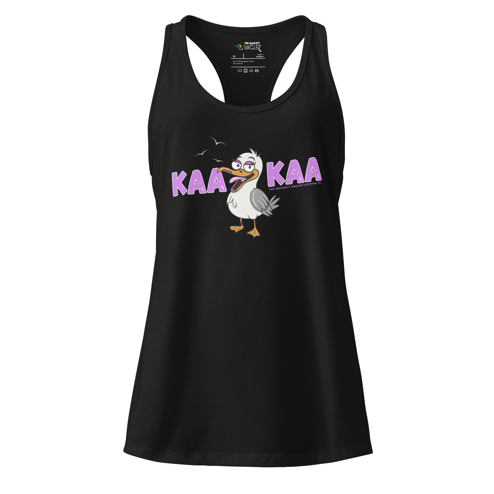 Front view of women’s black fitted racerback tank top with a friendly cartoon seagull and the wording “KAAKAA” by The Naughty Angler™
