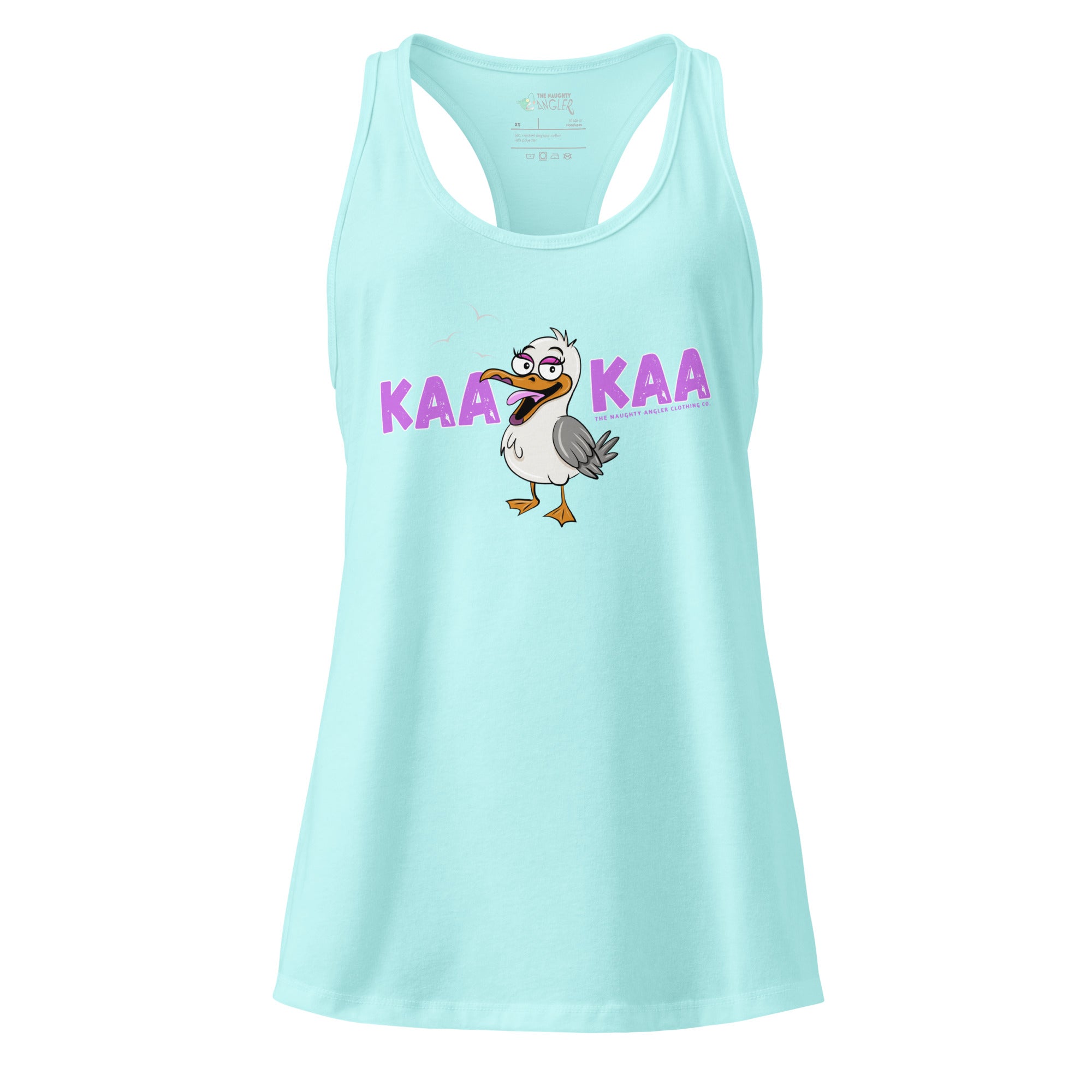 Front view of women’s Cancun fitted racerback tank top with a friendly cartoon seagull and the wording “KAAKAA” by The Naughty Angler™
