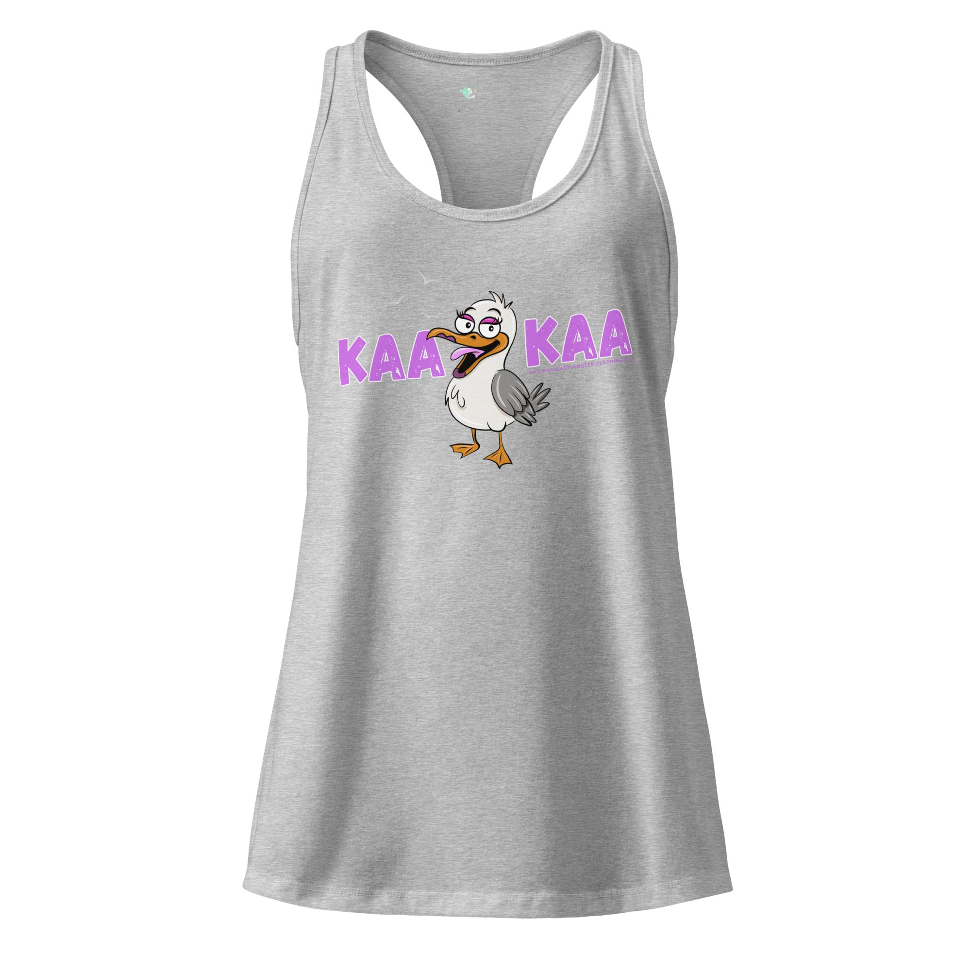 Front view of women’s heather gray fitted racerback tank top with a friendly cartoon seagull and the wording “KAAKAA” by The Naughty Angler™
