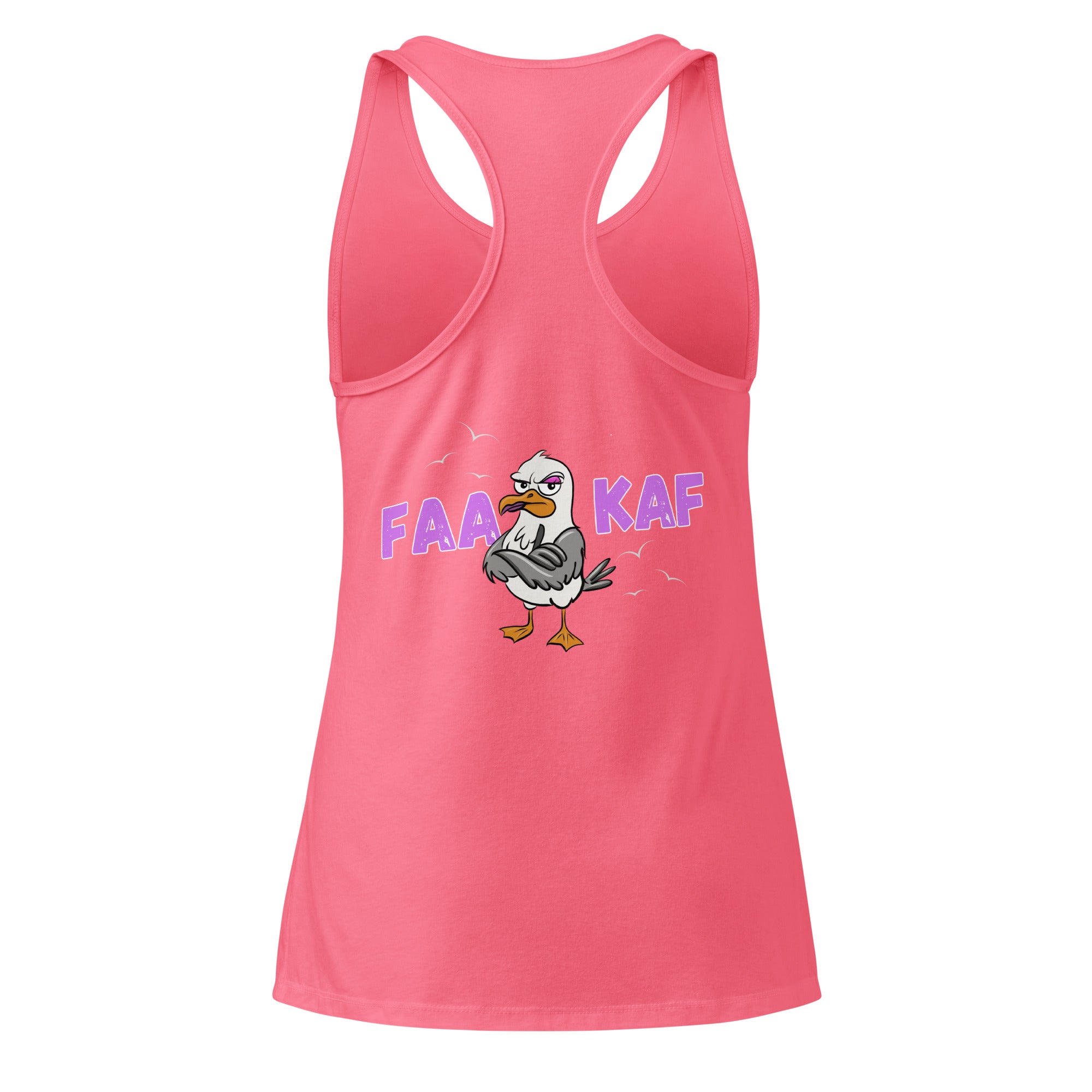 Back view of women’s hot pink fitted racerback tank top with cartoon seagull flipping the bird and the wording “FAAKAF” by The Naughty Angler™
