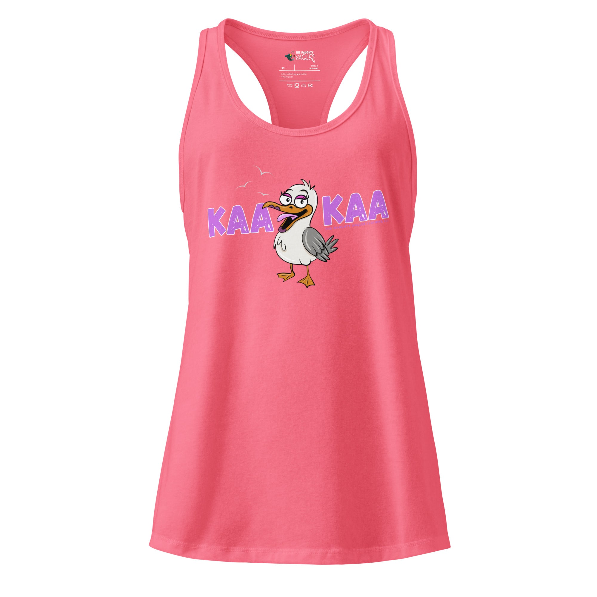 Front view of women’s hot pink fitted racerback tank top with a friendly cartoon seagull and the wording “KAAKAA” by The Naughty Angler™
