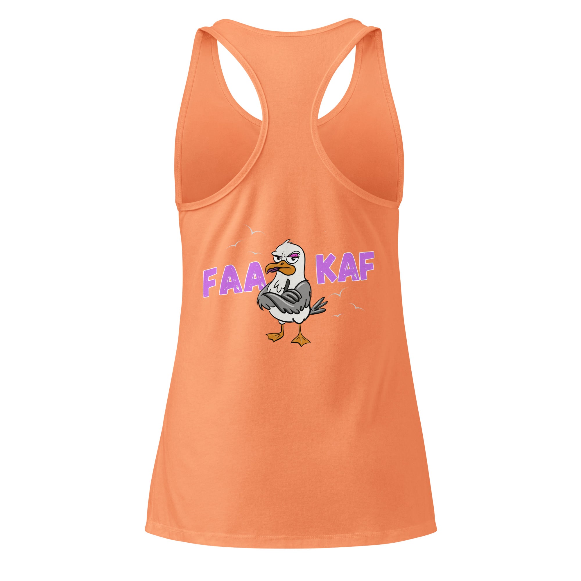 Back view of women’s light orange fitted racerback tank top with cartoon seagull flipping the bird and the wording “FAAKAF” by The Naughty Angler™
