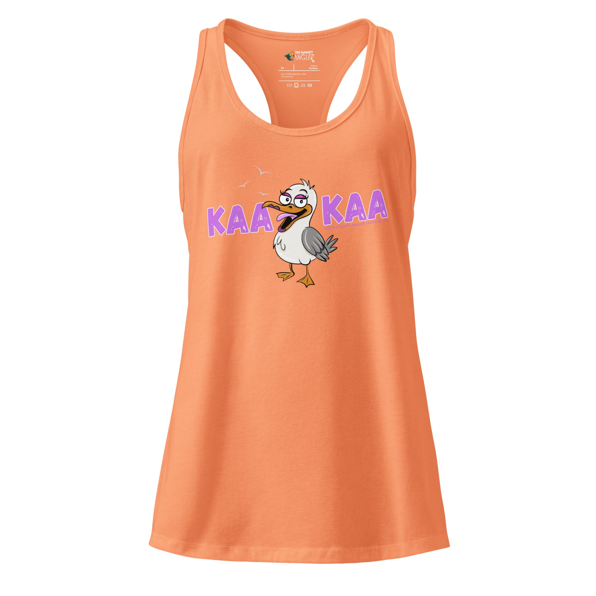 Front view of women’s light orange fitted racerback tank top with a friendly cartoon seagull and the wording “KAAKAA” by The Naughty Angler™
