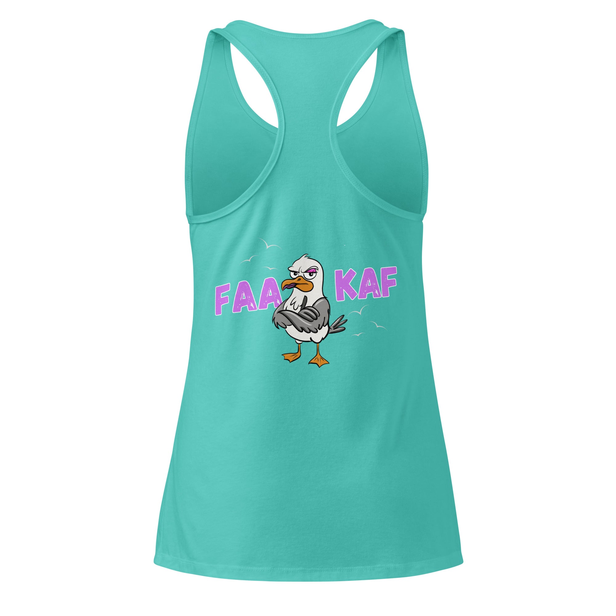 Back view of women’s Tahiti blue fitted racerback tank top with cartoon seagull flipping the bird and the wording “FAAKAF” by The Naughty Angler™
