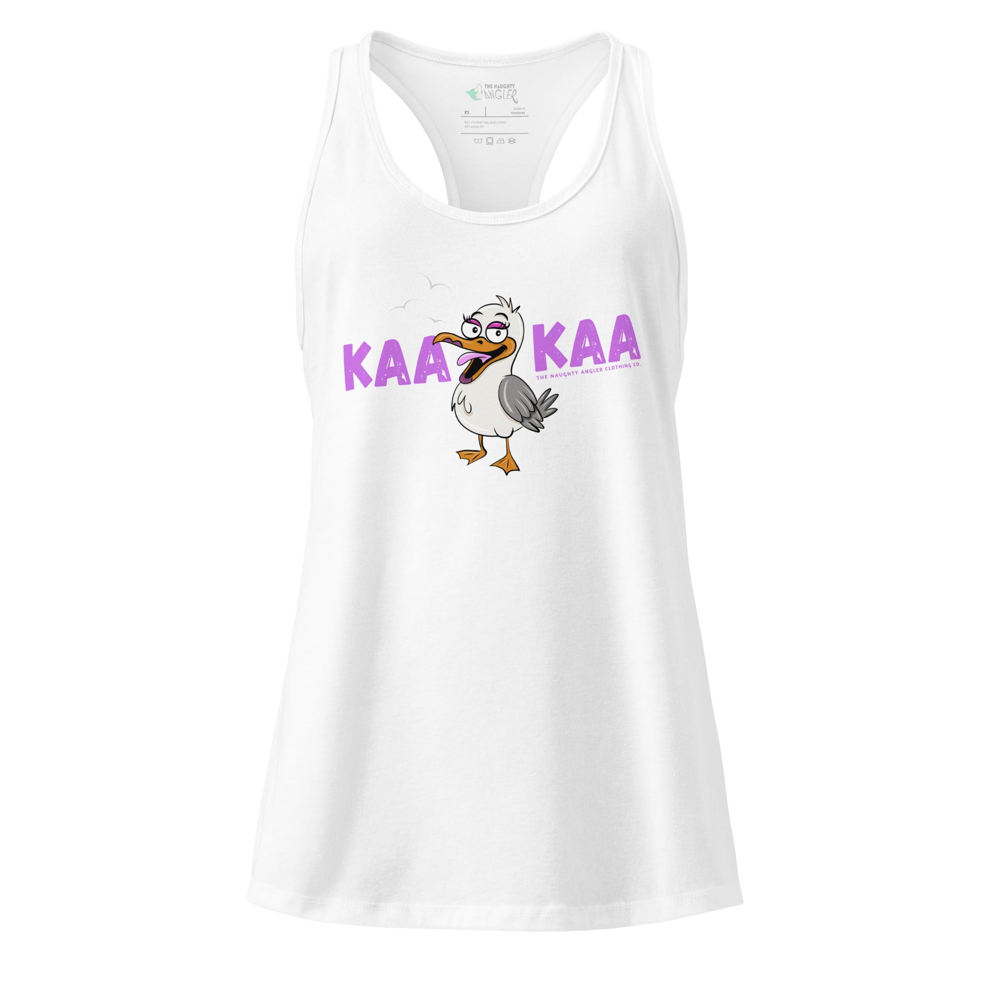 Front view of women’s white fitted racerback tank top with a friendly cartoon seagull and the wording “KAAKAA” by The Naughty Angler™
