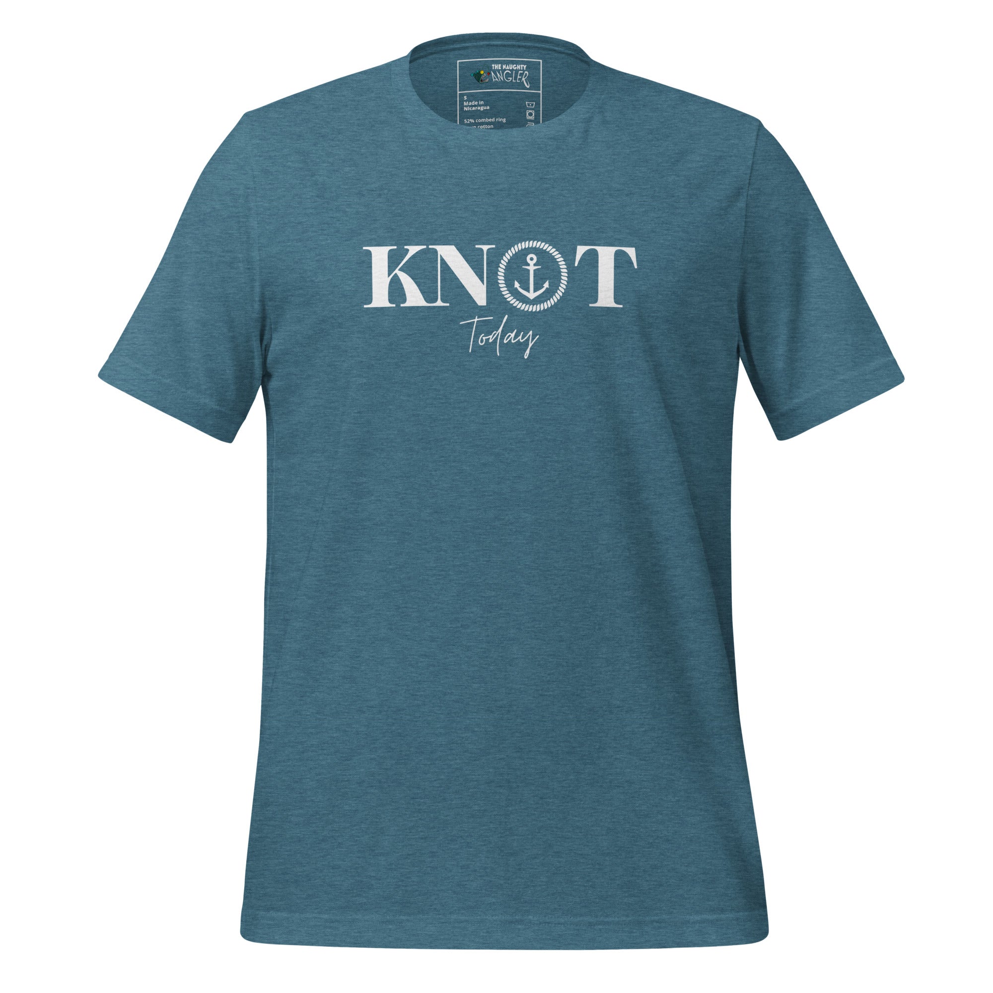 The Naughty Angler™ heather deep teal unisex T-shirt displaying the “Knot Today” front artwork with a stylish nautical pun and relaxed coastal vibe.