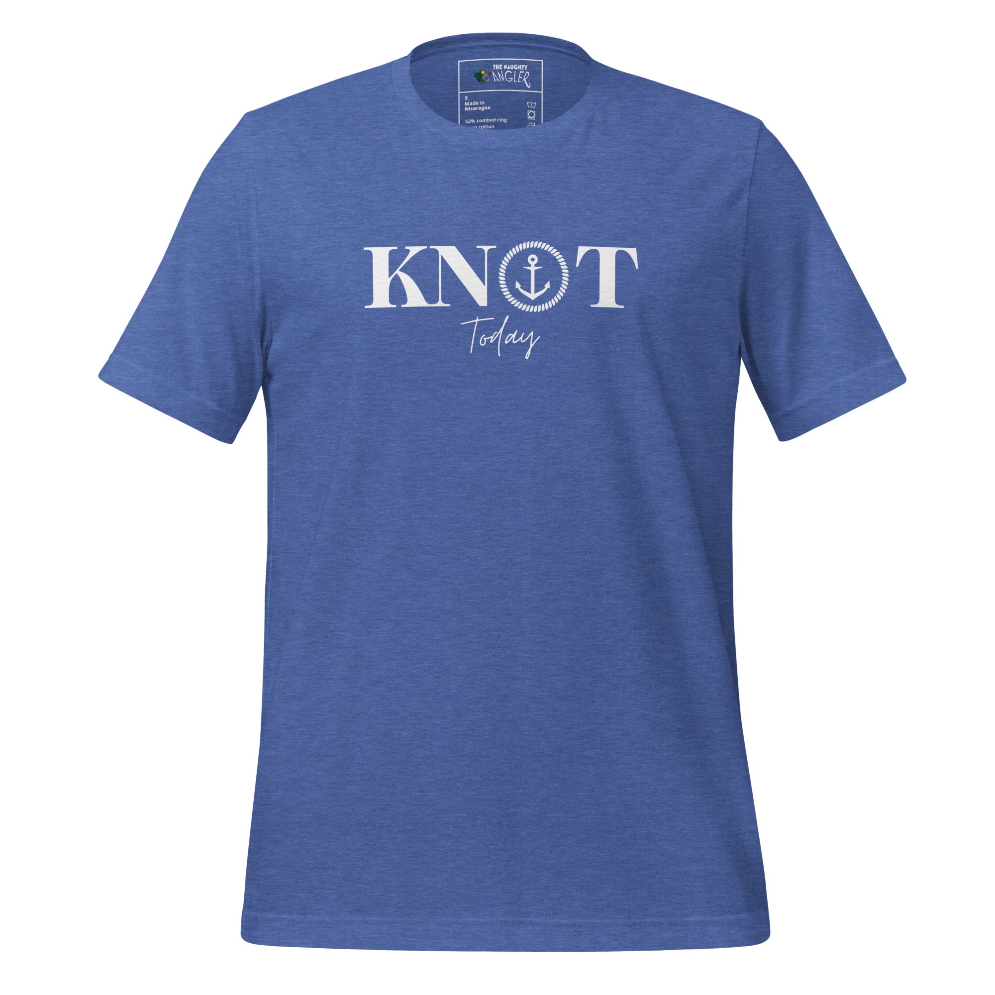 The Naughty Angler™ heather true royal unisex T-shirt featuring the “Knot Today” design with a fun nautical wordplay graphic and a vibrant coastal tone.