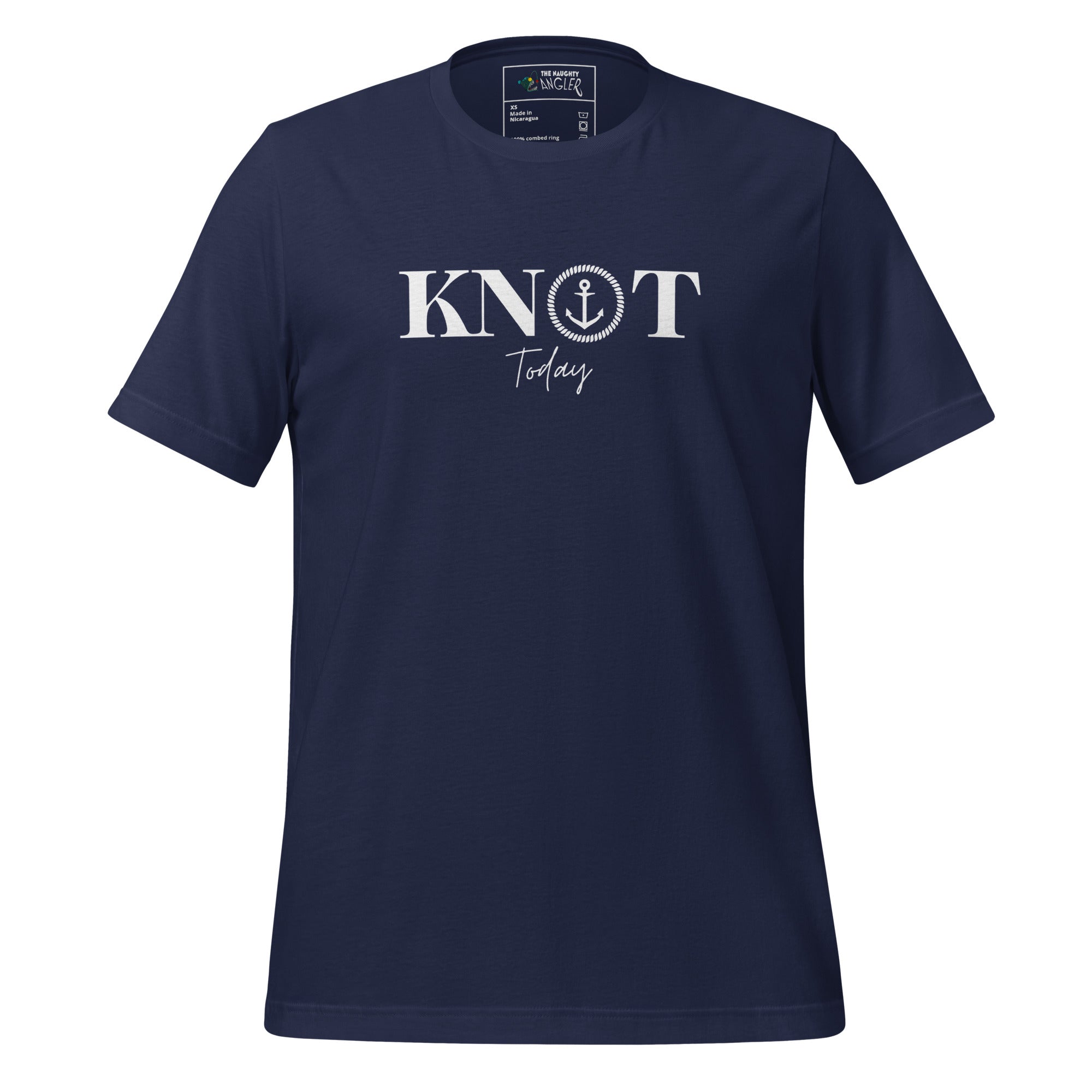 The Naughty Angler™ navy unisex T-shirt featuring the “Knot Today” front design with a clever nautical wordplay graphic and a clean coastal look.