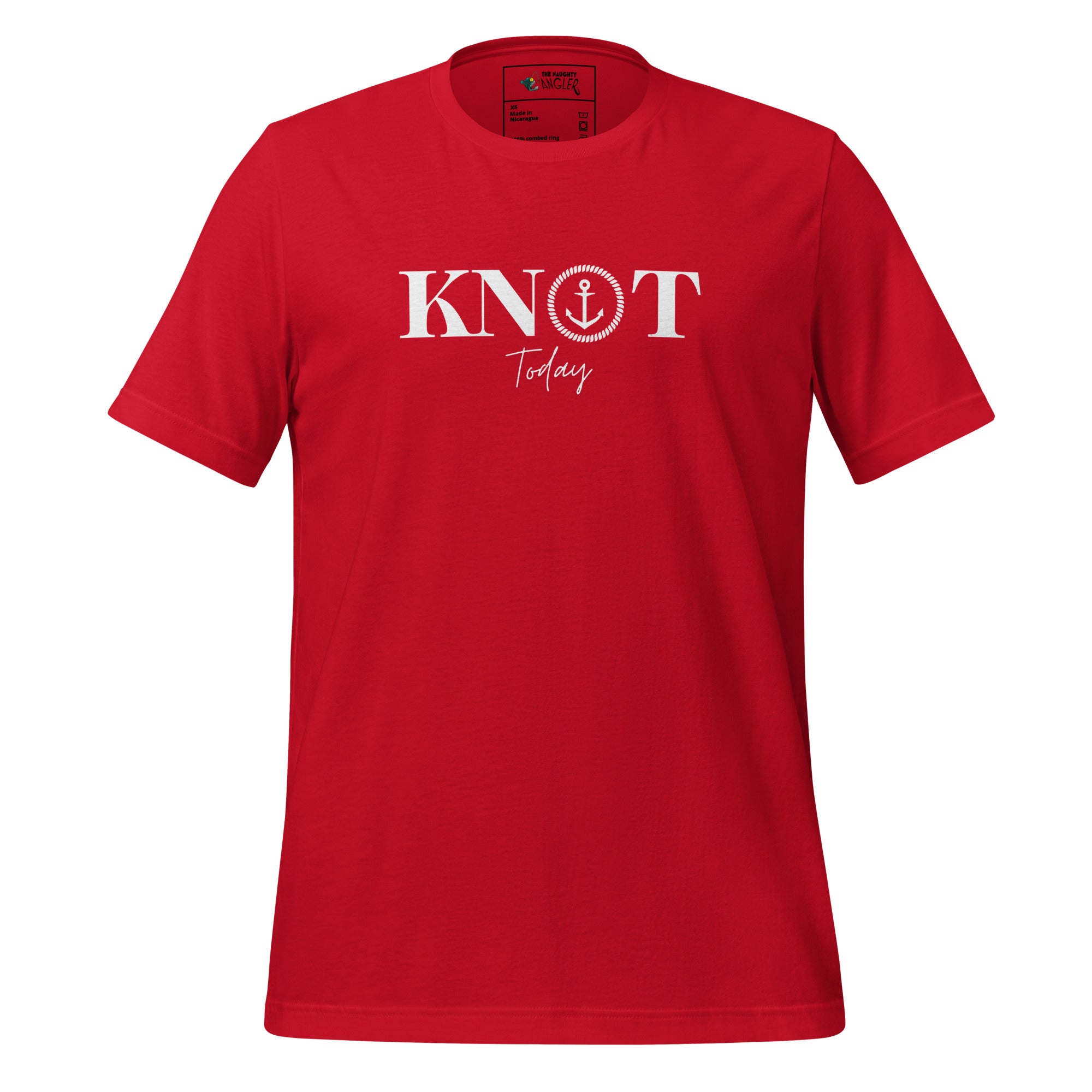 The Naughty Angler™ red unisex T-shirt showcasing the “Knot Today” front graphic with a playful nautical pun and bold, modern styling.