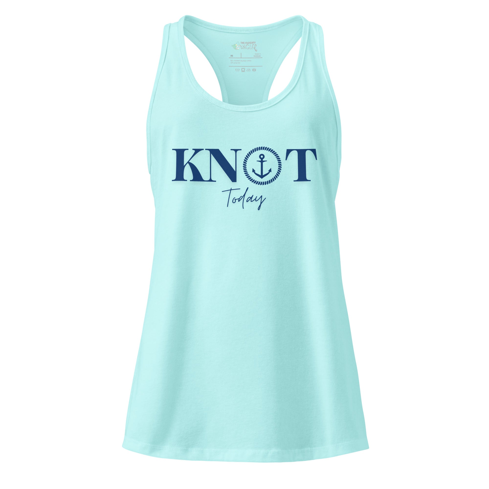 The Naughty Angler™ Cancun blue women’s fitted racerback tank top showcasing the “Knot Today” front graphic with a playful nautical wordplay design and beachy coastal tones.
