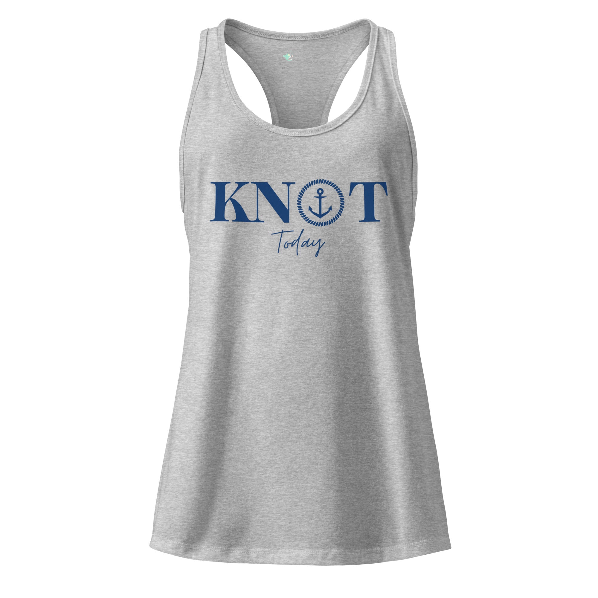 The Naughty Angler™ heather gray women’s fitted racerback tank top featuring the “Knot Today” front design with a minimalist nautical pun and an easygoing coastal feel.