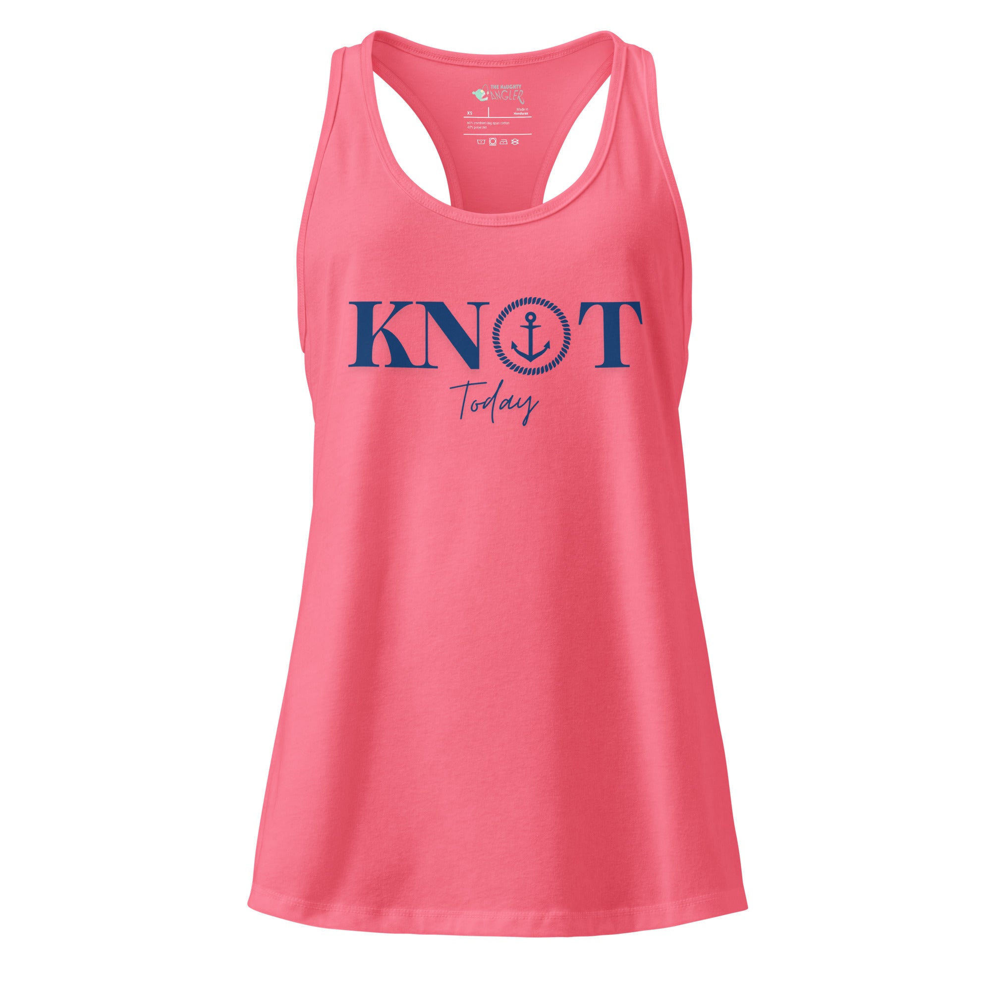 The Naughty Angler™ hot pink women’s fitted racerback tank top featuring the “Knot Today” front design with a playful nautical wordplay graphic and a bold coastal vibe.