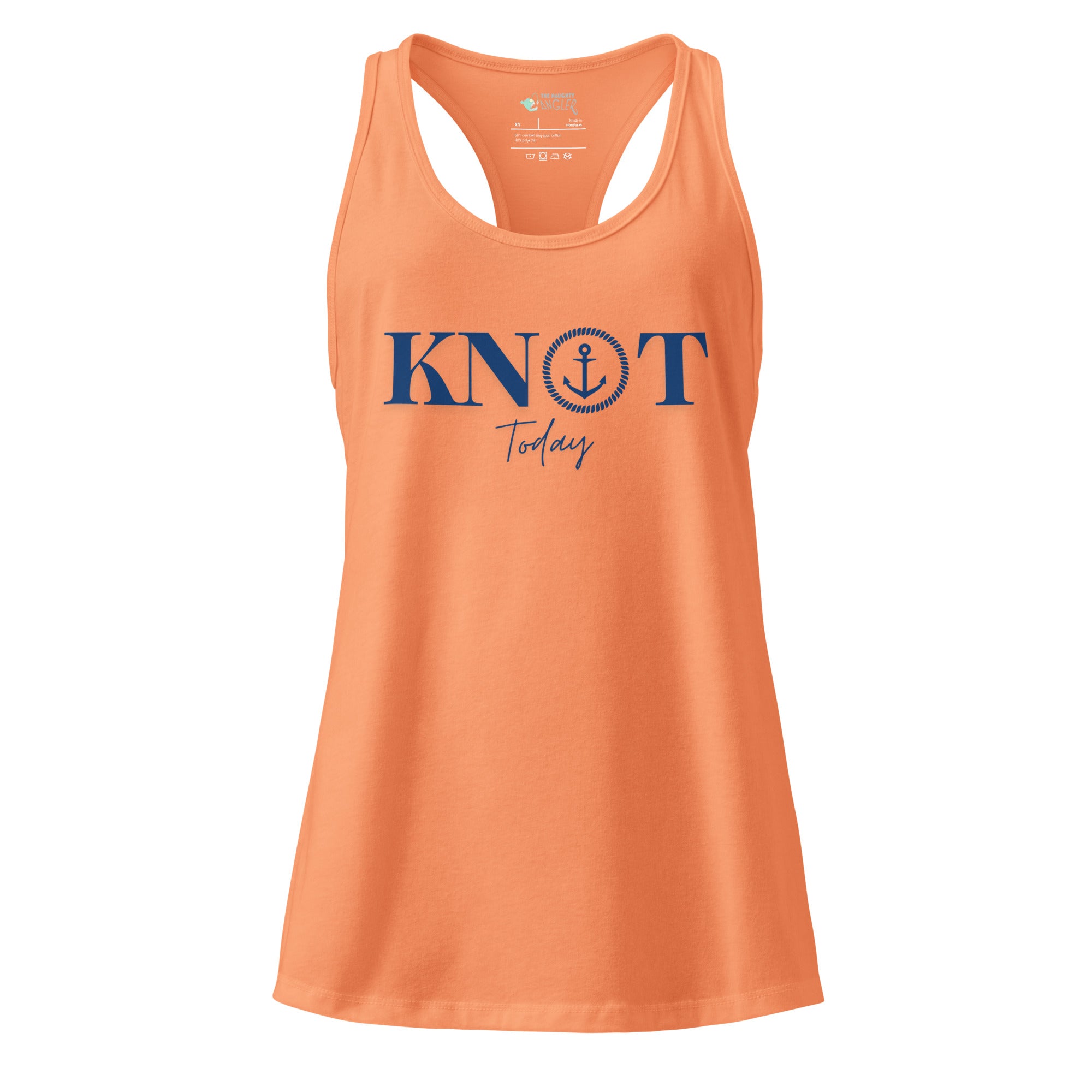 The Naughty Angler™ light orange women’s fitted racerback tank top showcasing the “Knot Today” front artwork with a fun nautical pun and relaxed beach-inspired style.