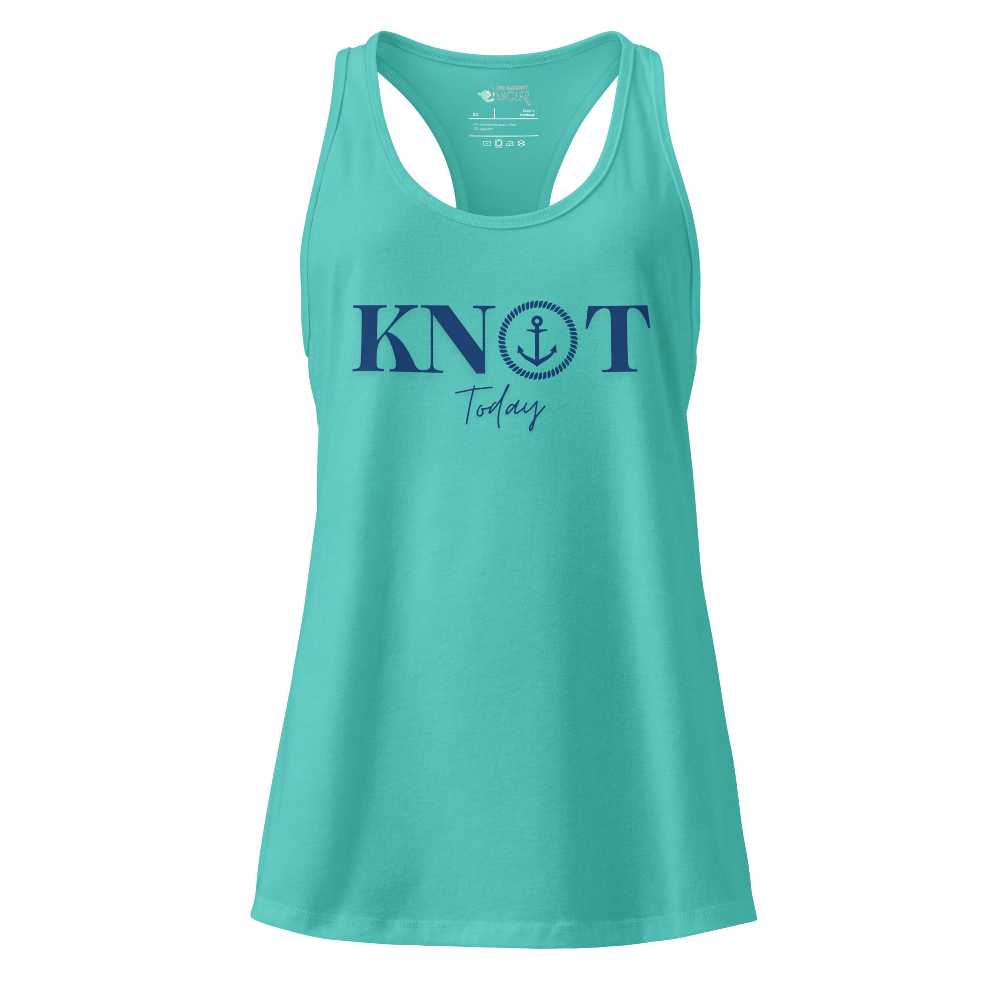 The Naughty Angler™ Tahiti blue women’s fitted racerback tank top displaying the “Knot Today” design with a clean nautical play on words and a cool coastal look.