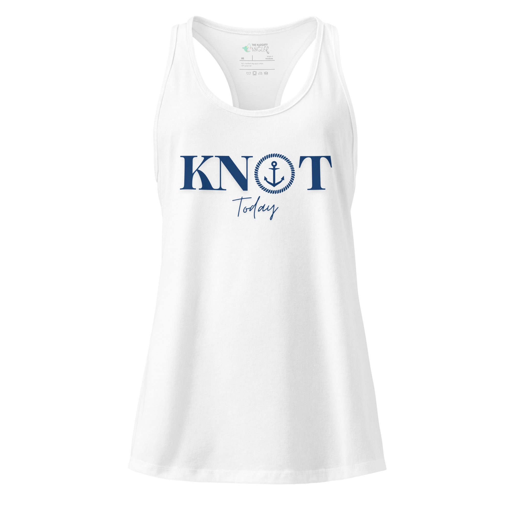 The Naughty Angler™ white women’s fitted racerback tank top featuring the “Knot Today” design with a crisp nautical pun graphic and a clean, classic coastal look.
