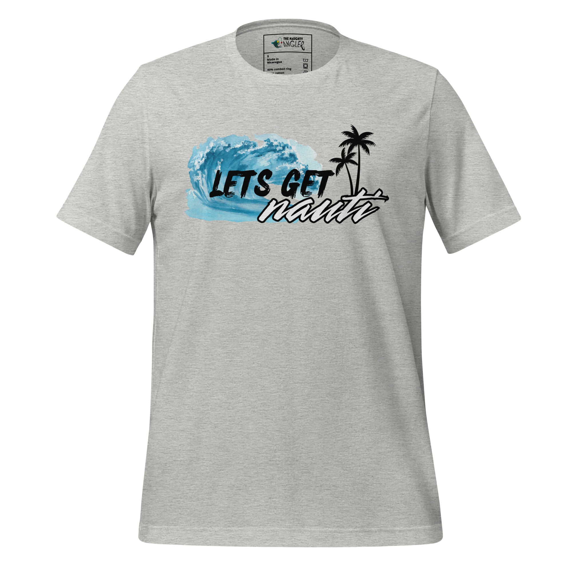 Unisex athletic heather T-shirt with front design featuring black palm trees, a wave, and the saying “Let’s Get Nauti” by The Naughty Angler™