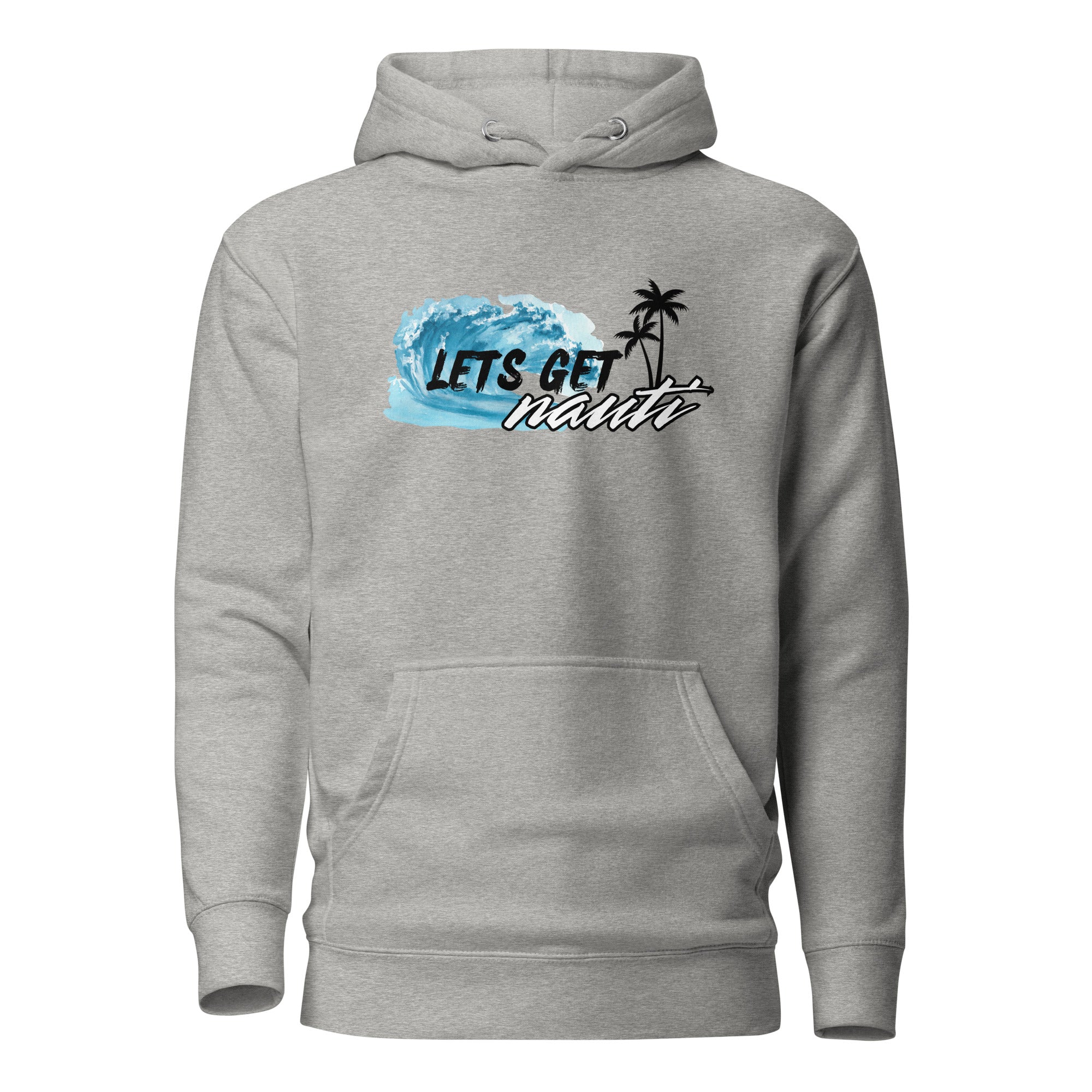 Unisex carbon grey hoodie with front design featuring black palm trees, a wave, and the saying “Let’s Get Nauti” by The Naughty Angler™