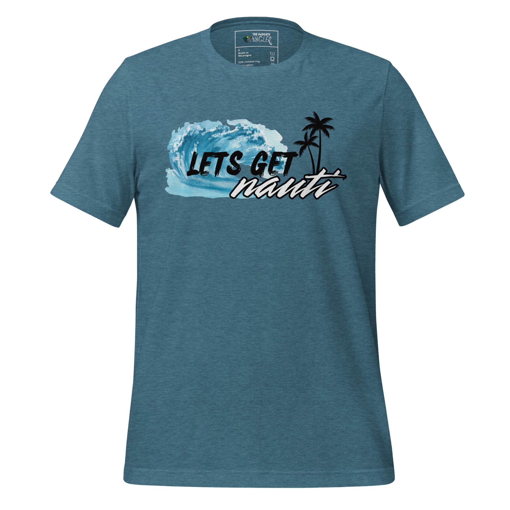 Unisex heather deep teal T-shirt with front design featuring black palm trees, a wave, and the saying “Let’s Get Nauti” by The Naughty Angler™
