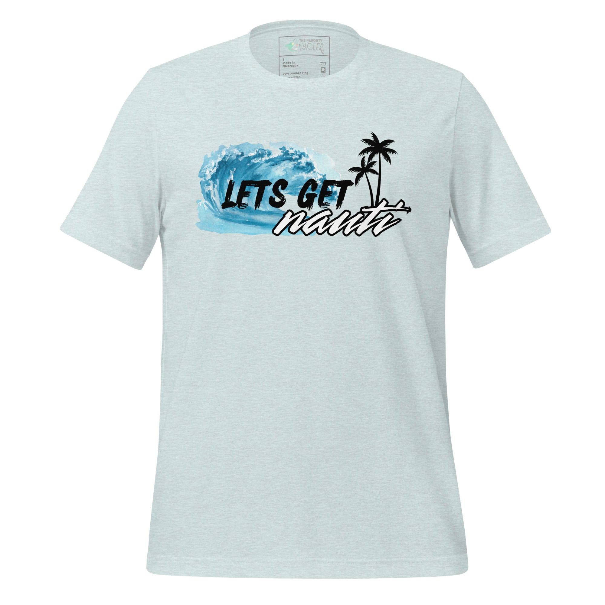 Unisex heather prism ice blue T-shirt with front design featuring black palm trees, a wave, and the saying “Let’s Get Nauti” by The Naughty Angler™