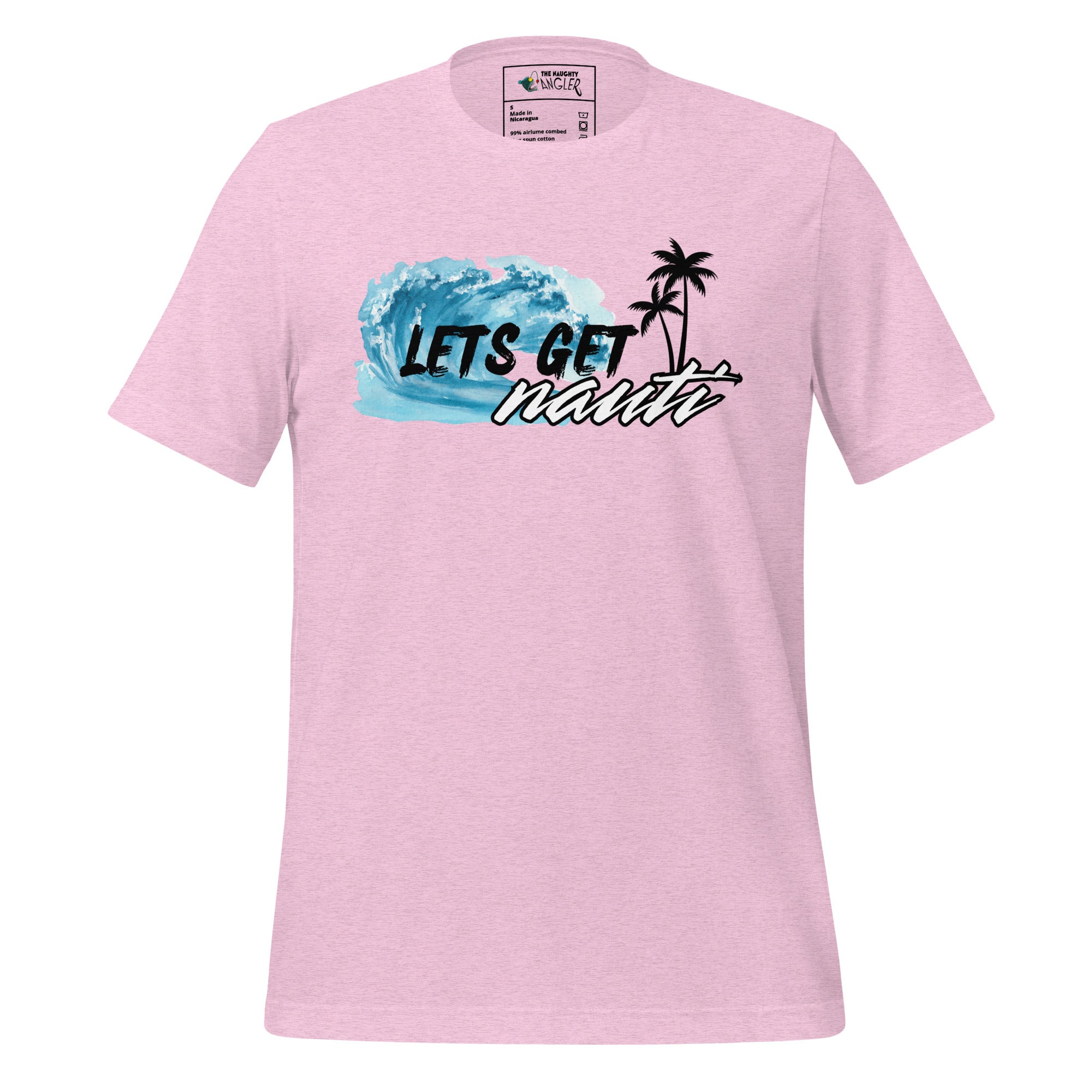 Unisex heather prism lilac T-shirt with front design featuring black palm trees, a wave, and the saying “Let’s Get Nauti” by The Naughty Angler™