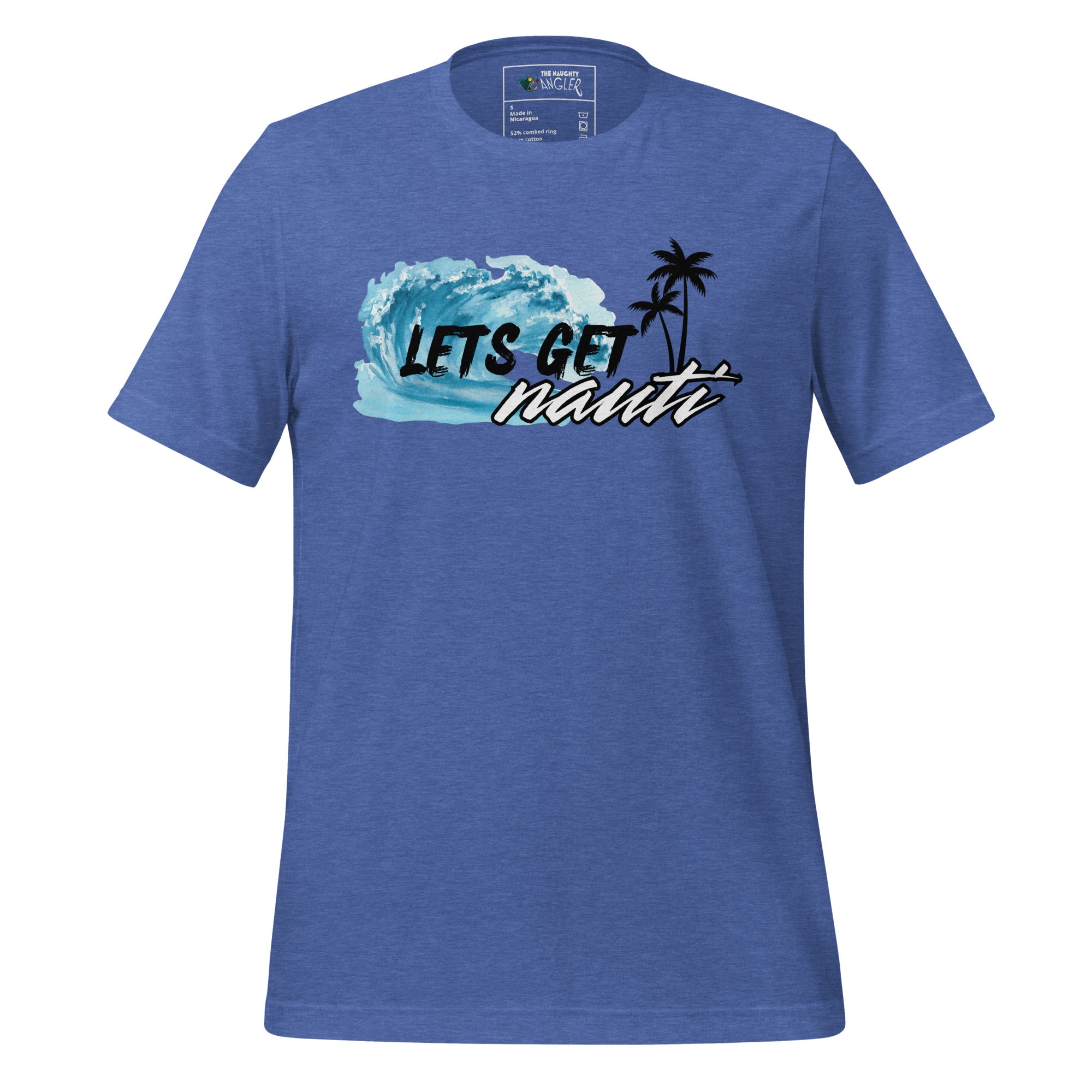 Unisex heather true royal T-shirt with front design featuring black palm trees, a wave, and the saying “Let’s Get Nauti” by The Naughty Angler™