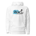 Unisex white hoodie with front design featuring black palm trees, a wave, and the saying “Let’s Get Nauti” by The Naughty Angler™