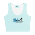 Women’s baby blue all-over print crop top with funny nautical wording by The Naughty Angler™