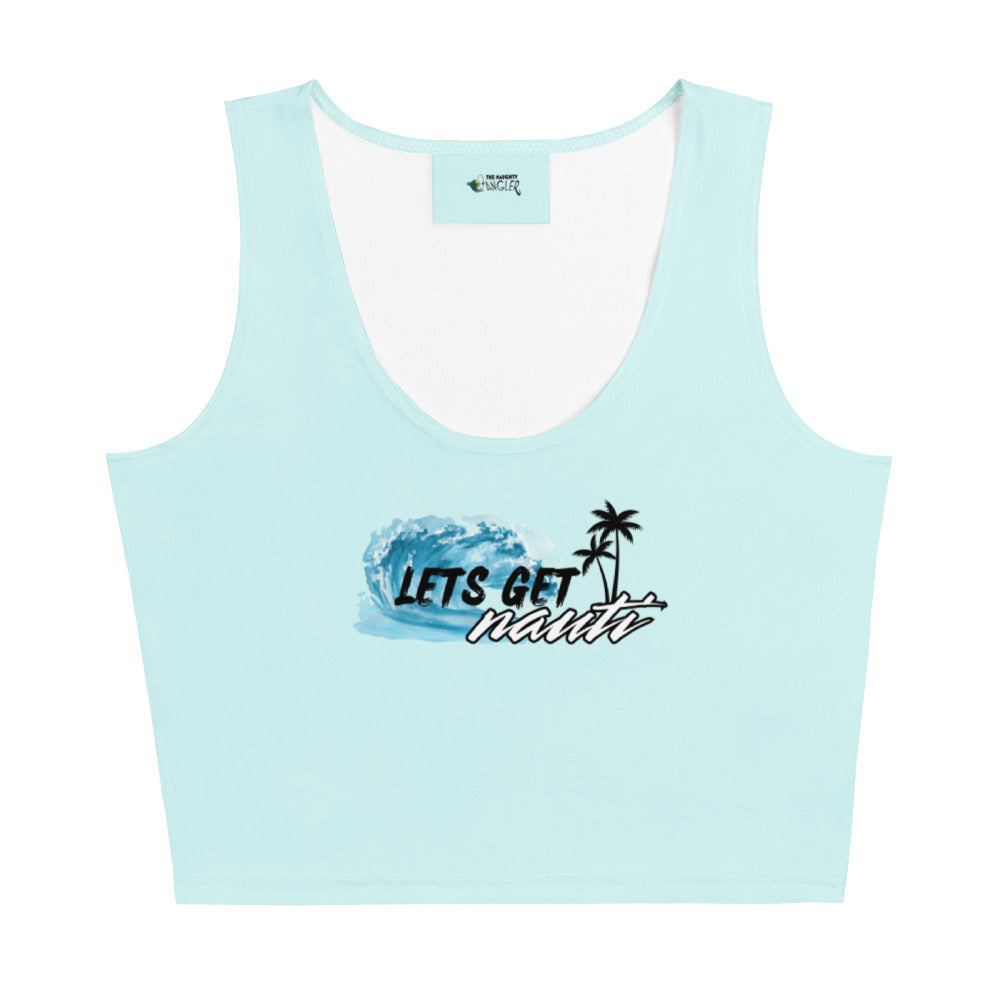 Women’s baby blue all-over print crop top with funny nautical wording by The Naughty Angler™