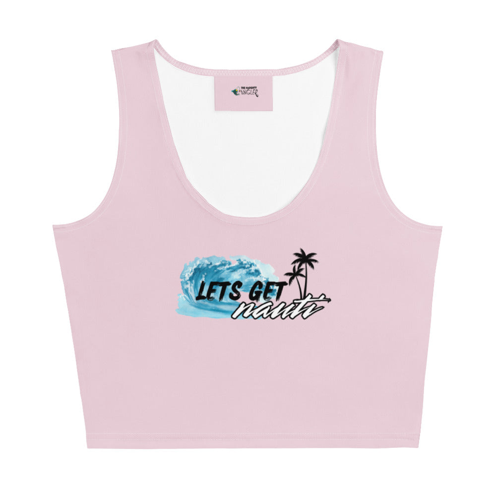 Women’s pink all-over print crop top with the saying “Let’s Get Nauti” by The Naughty Angler™