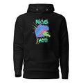 Unisex black hoodie with front neon bass fish design jumping and the saying “Nice Bass” by The Naughty Angler™