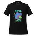 Unisex black T-shirt with front neon bass fish design jumping and the saying “Nice Bass” by The Naughty Angler™