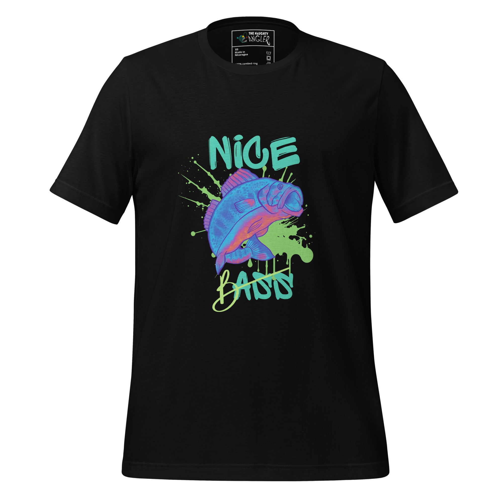 Unisex black T-shirt with front neon bass fish design jumping and the saying “Nice Bass” by The Naughty Angler™