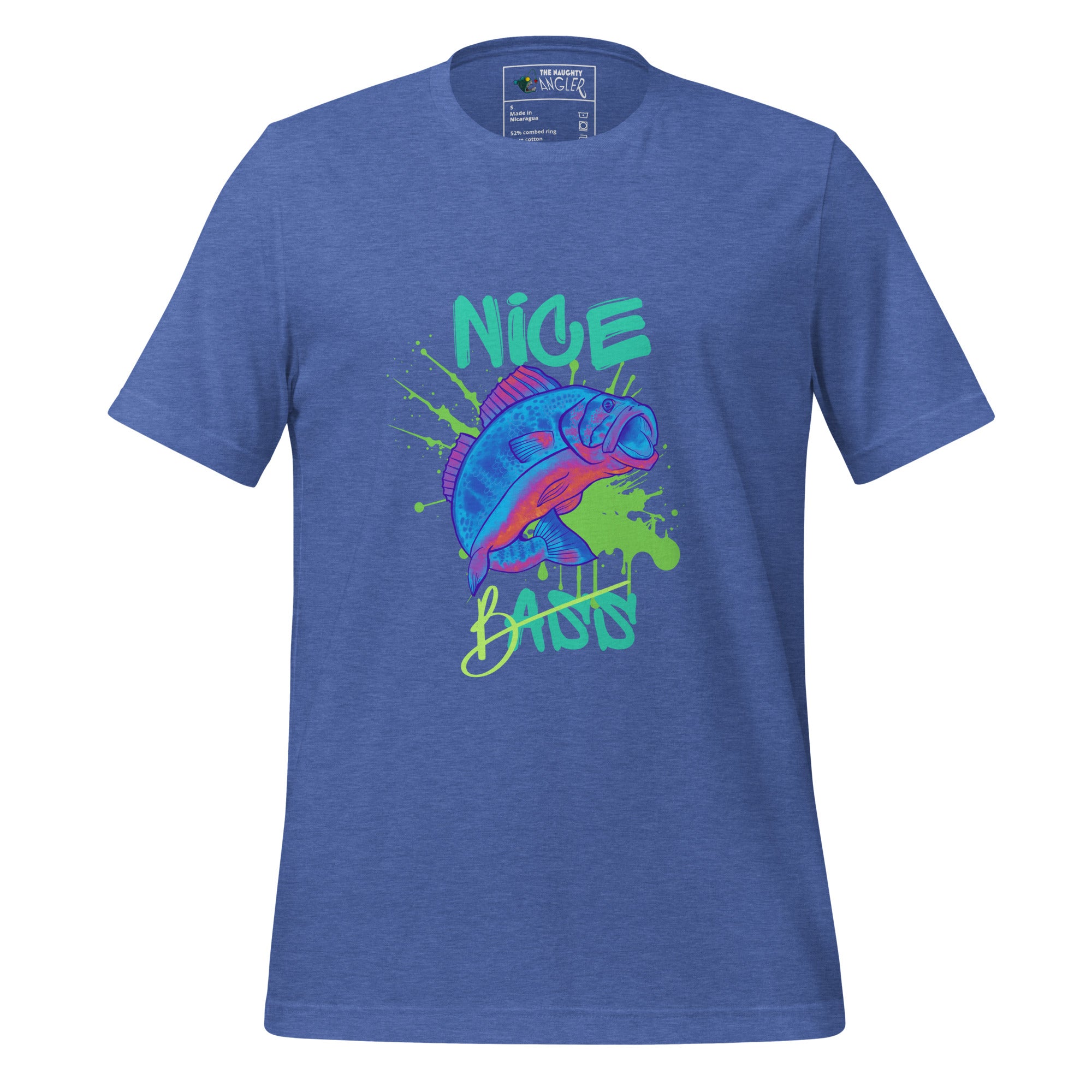 Unisex heather true royal T-shirt with front neon bass fish design jumping and the saying “Nice Bass” by The Naughty Angler™