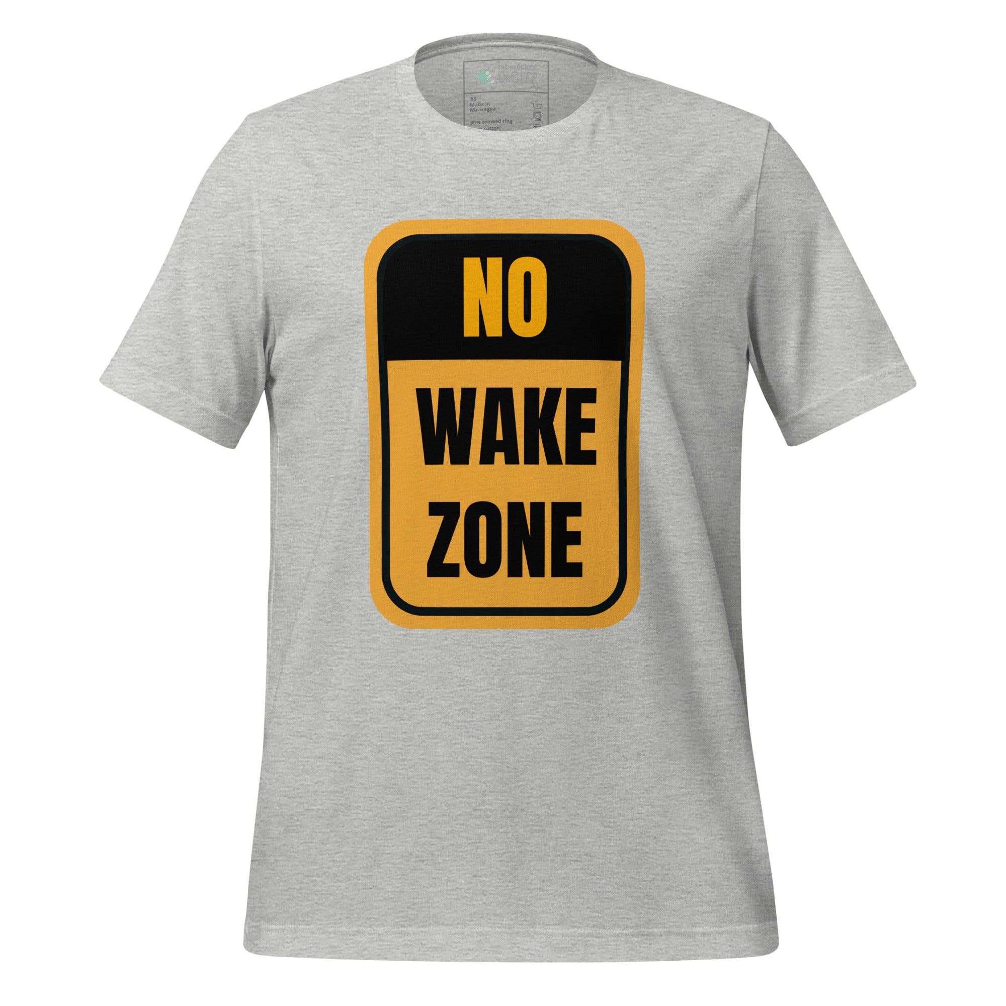 Unisex athletic heather T-shirt with front yellow and black “No Wake Zone” sign design by The Naughty Angler™