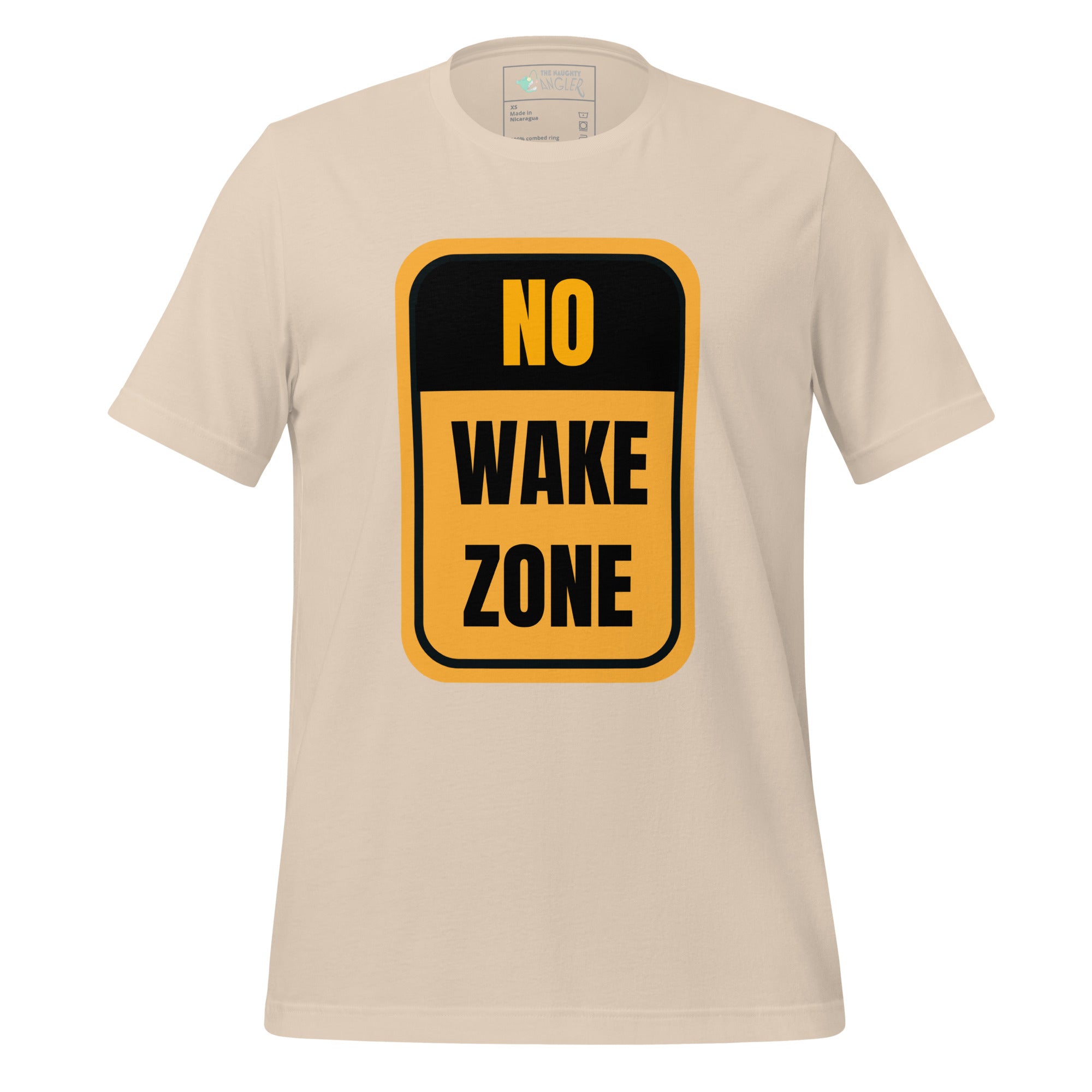 Unisex soft cream T-shirt with front yellow and black “No Wake Zone” sign design by The Naughty Angler™