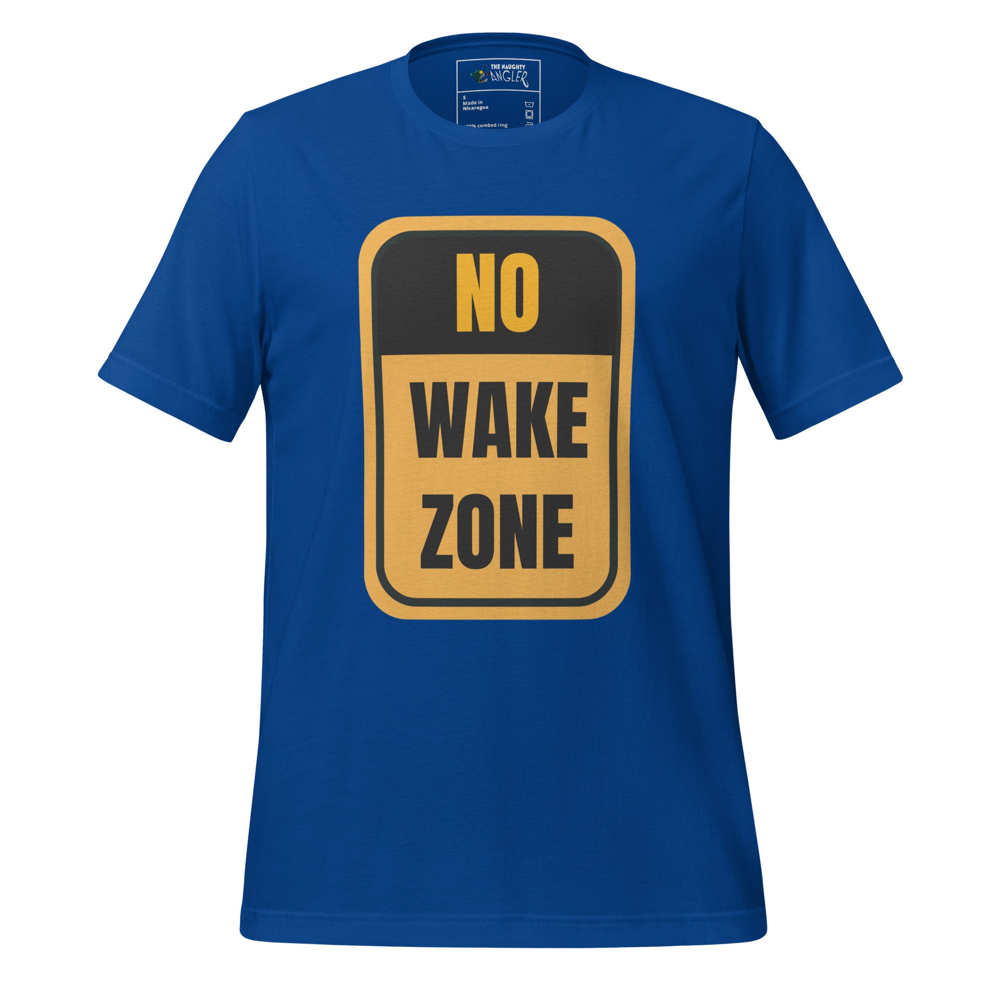 Unisex true royal T-shirt with front yellow and black “No Wake Zone” sign design by The Naughty Angler™