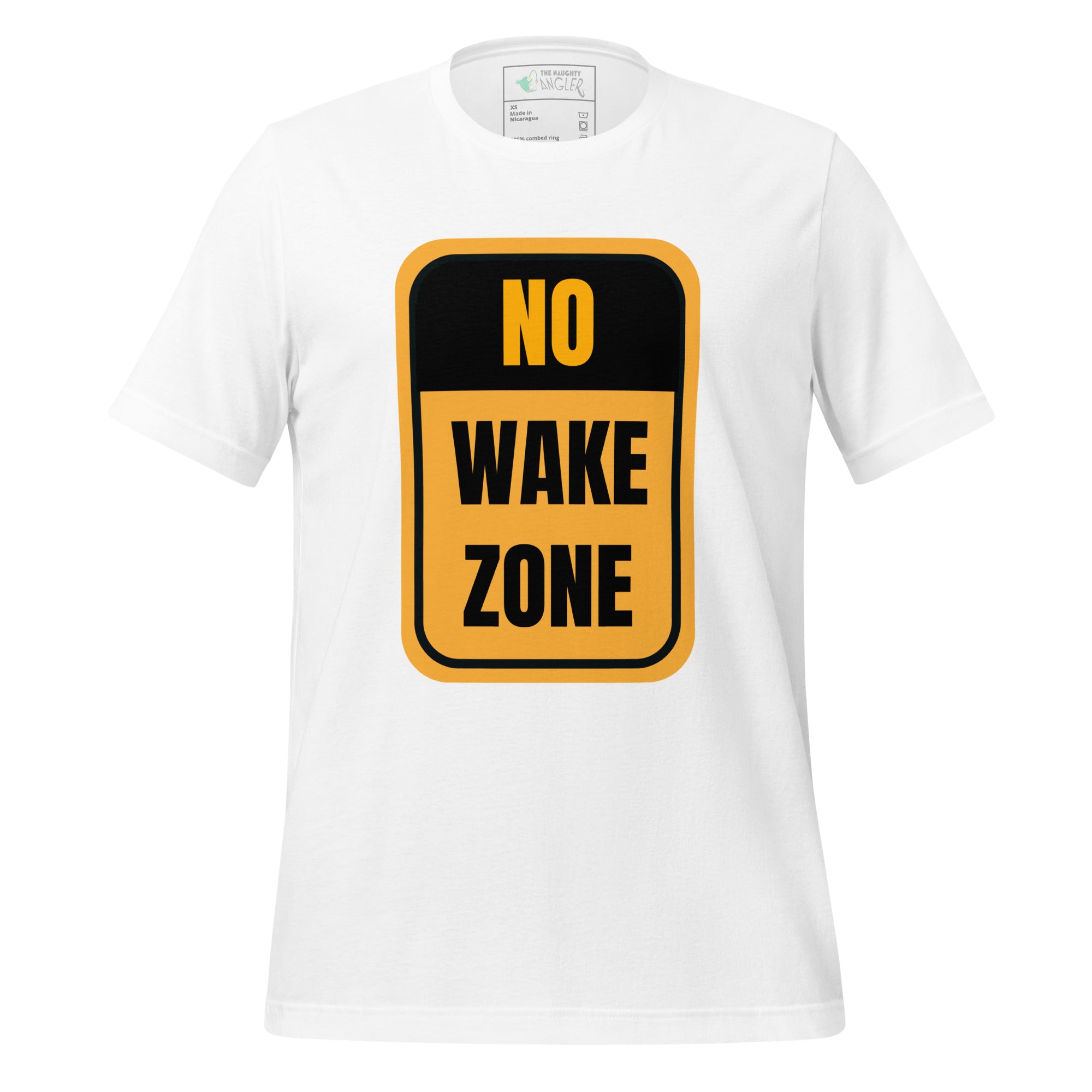 Unisex white T-shirt with front yellow and black “No Wake Zone” sign design by The Naughty Angler™