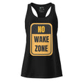 Women’s black fitted racerback tank top with front yellow and black “No Wake Zone” sign design by The Naughty Angler™