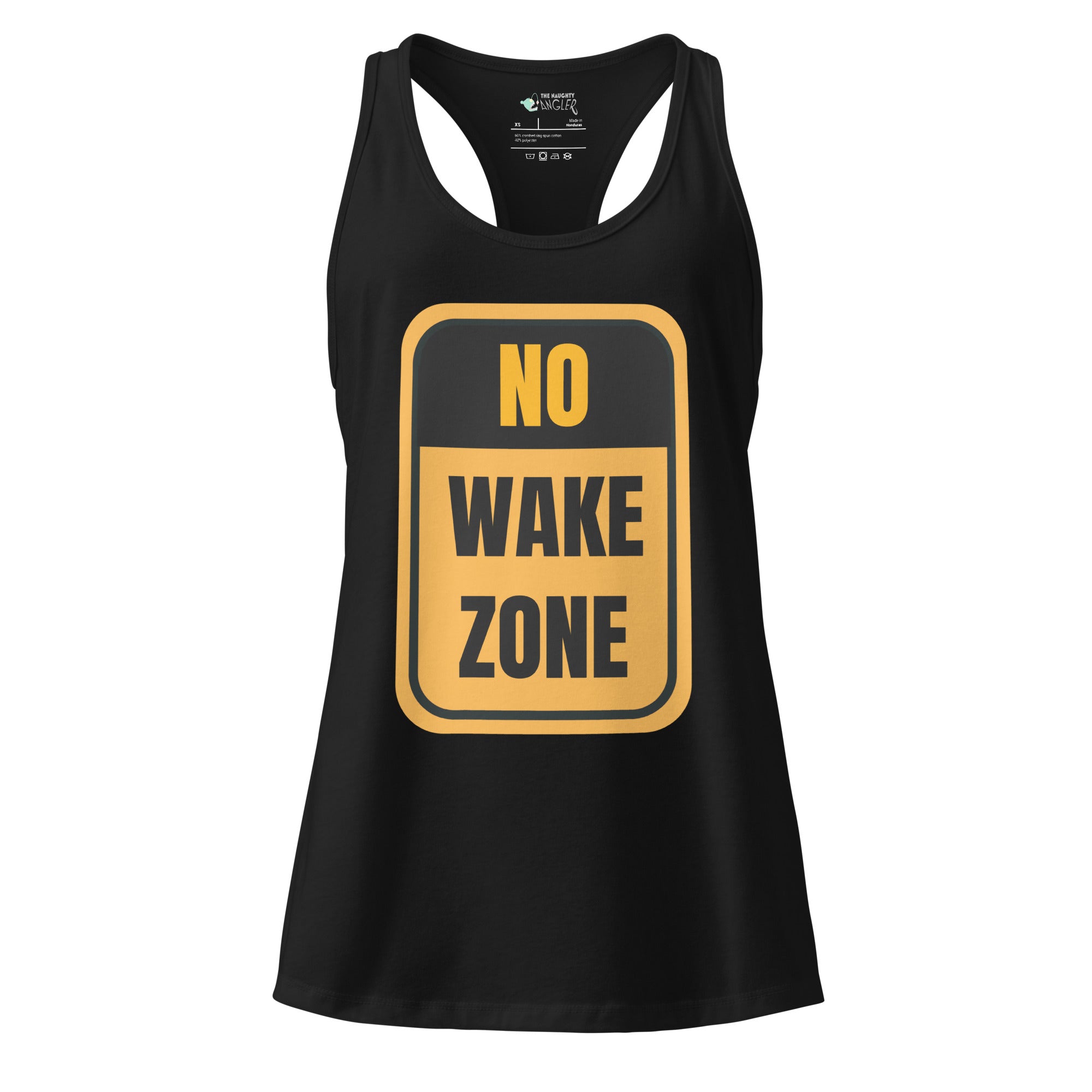 Women’s black fitted racerback tank top with front yellow and black “No Wake Zone” sign design by The Naughty Angler™