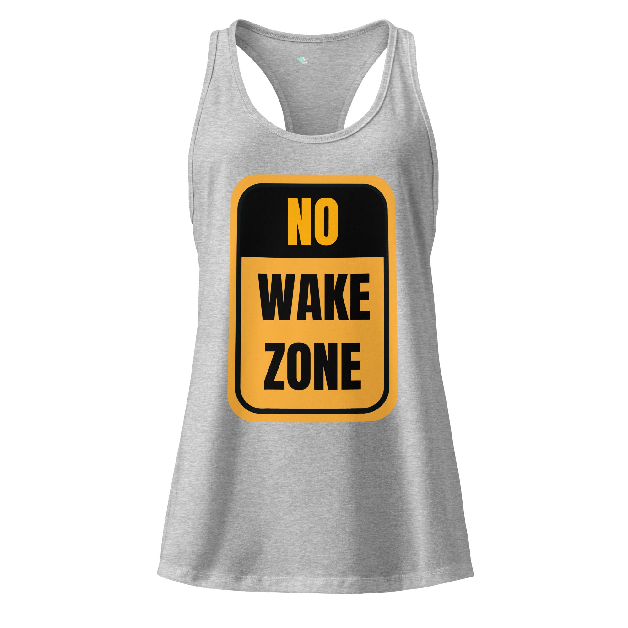 Women’s heather gray fitted racerback tank top with front yellow and black “No Wake Zone” sign design by The Naughty Angler™