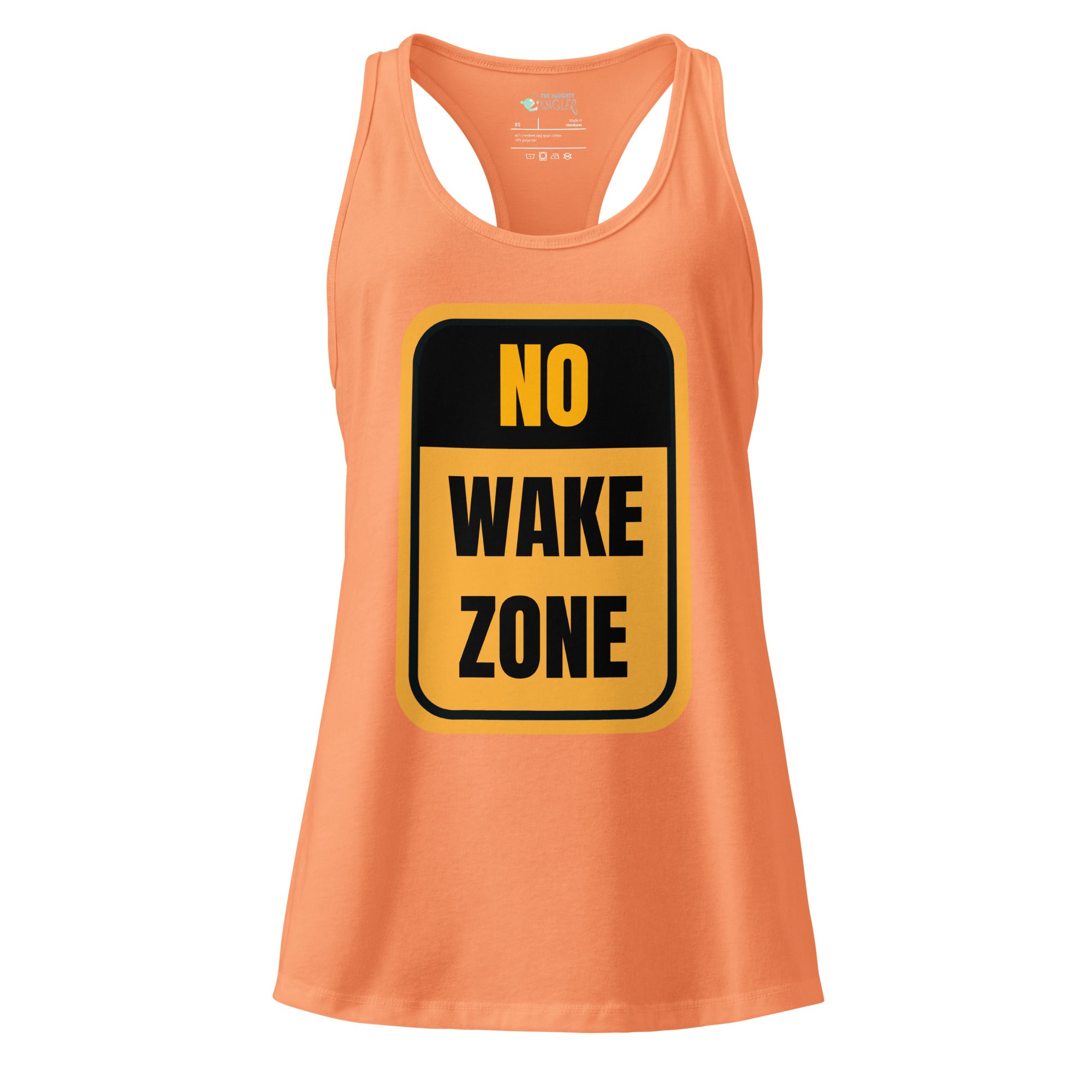 Women’s light orange fitted racerback tank top with front yellow and black “No Wake Zone” sign design by The Naughty Angler™