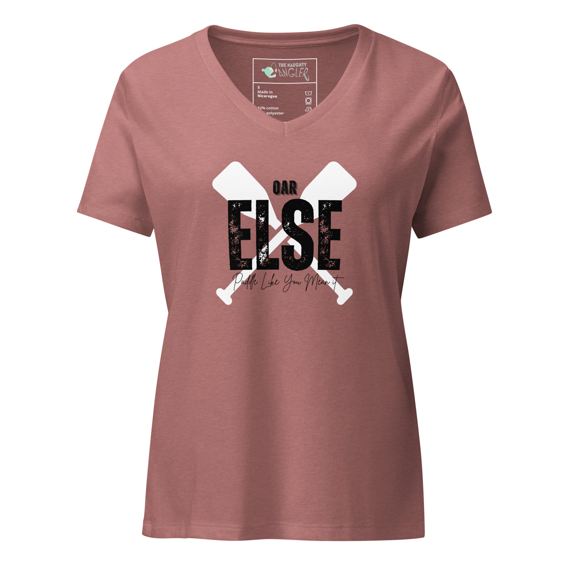 Women’s heather mauve relaxed V-neck T-shirt with front design featuring two criss-crossed oars and the saying “OAR Else” in black by The Naughty Angler™