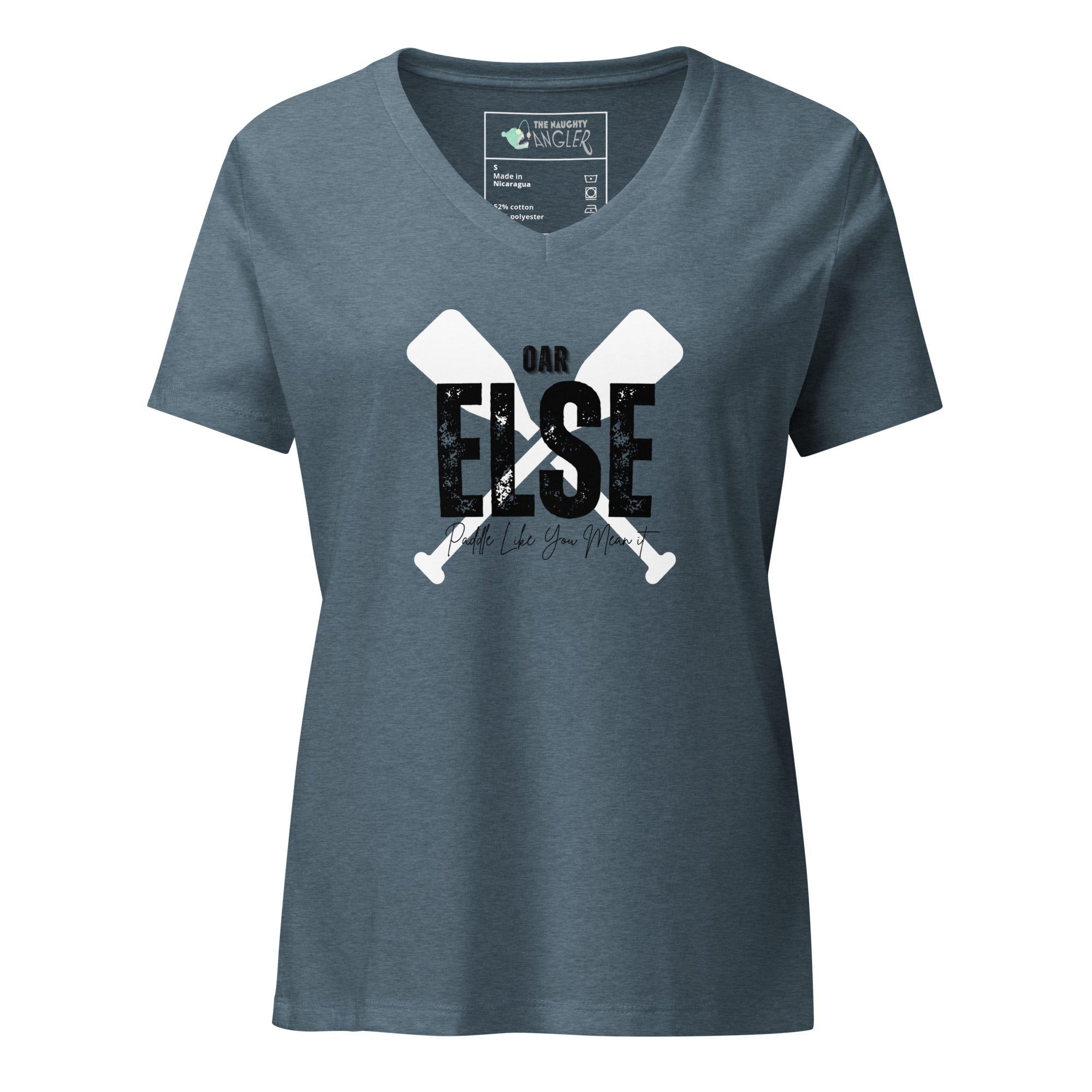 Women’s heather slate relaxed V-neck T-shirt with front design featuring two criss-crossed oars and the saying “OAR Else” in black by The Naughty Angler™