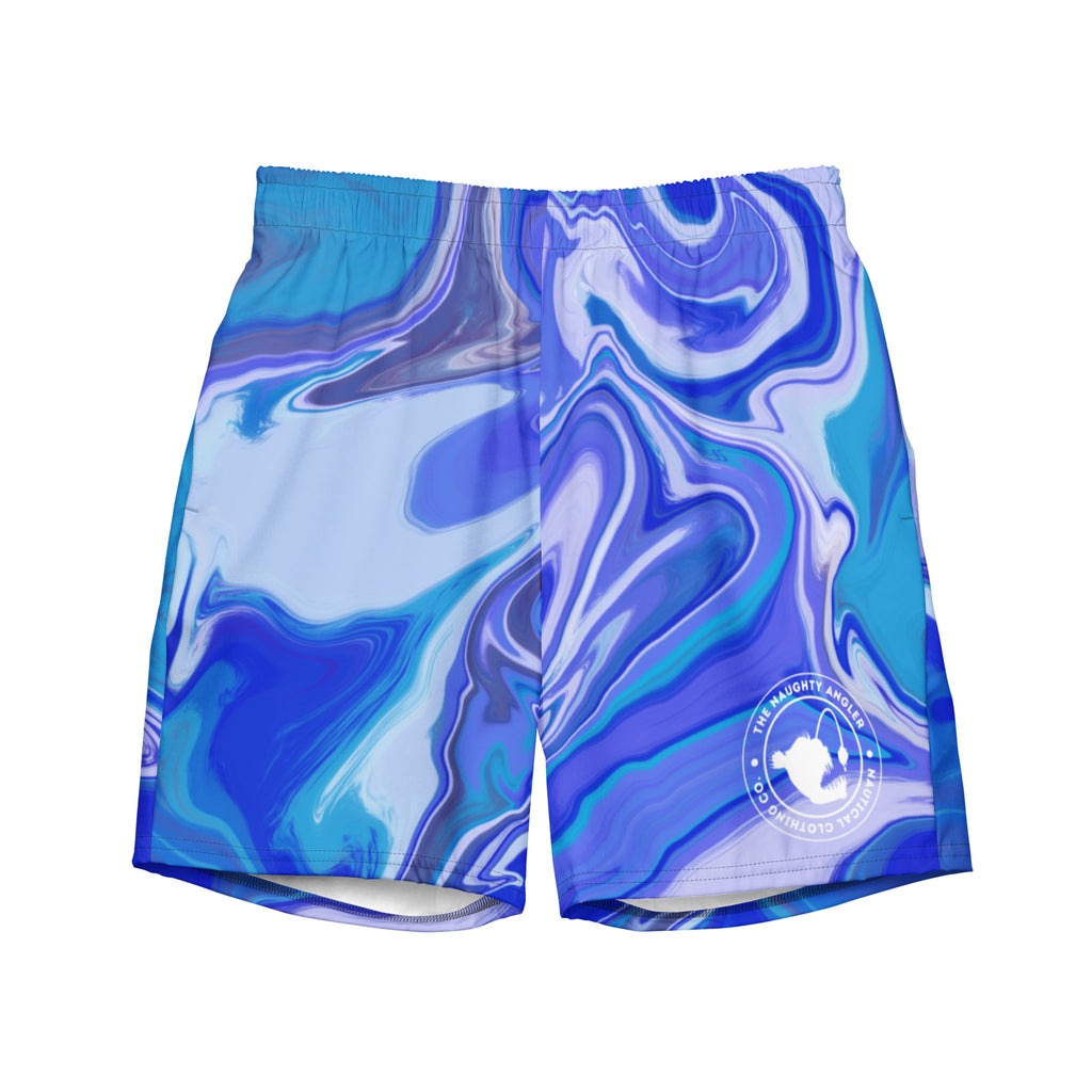 Men’s ocean blue recycled swim trunks with blue fluid art design and circular The Naughty Angler™ logo, front view