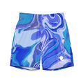 Men’s ocean blue recycled swim trunks with blue fluid art design and circular The Naughty Angler™ logo, front view